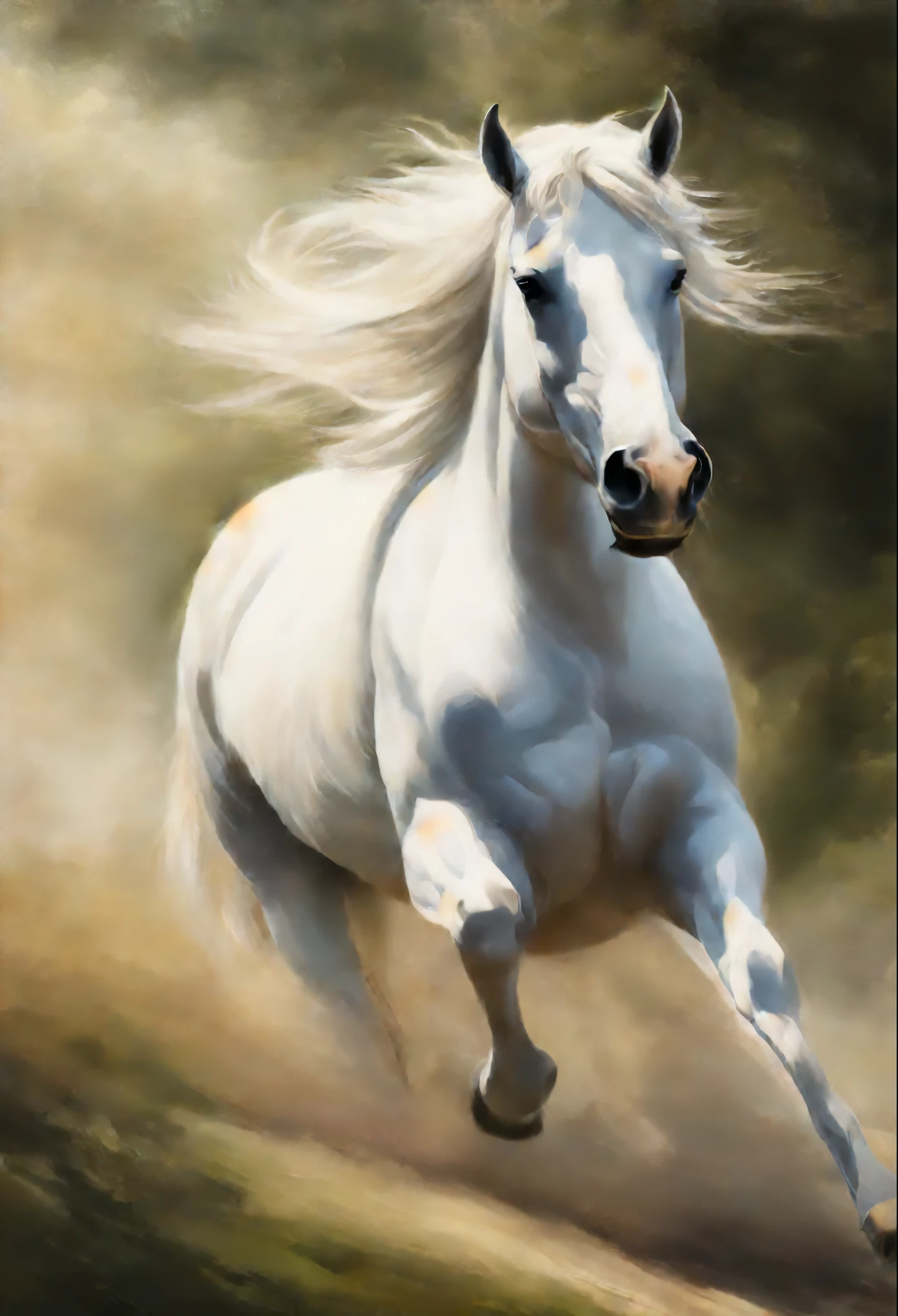 Painting of a white horse, running with the wind, gorgeous digital painting, airbrush digital oil painting, beautiful digital painting, inspired by John Frederick Herring, Senior., inspired by John Frederick Herring, Jr., Stunning digital painting, a beautiful horse, Beautiful serene horse, Digital painting in HD format, high quality digital painting, Flowing mane, Epic oil painting, Beautiful picture of high