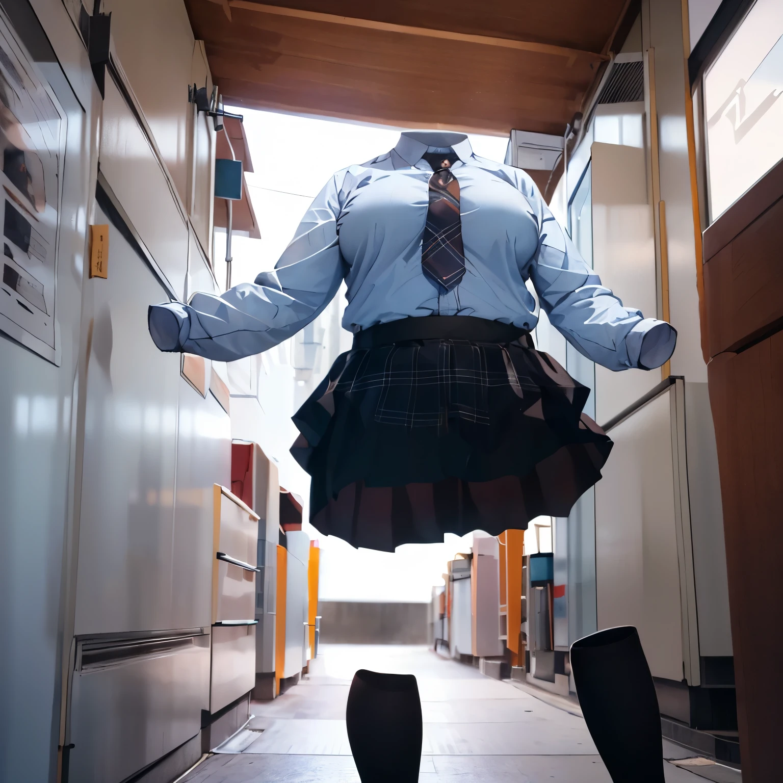 absurdres, highres, ultra detailed, school uniform, stripe tie, plaid skirt, cute big breasts, (invisible, no human, headless, handless:1.5), chubby, from below, cute pose, black leggings