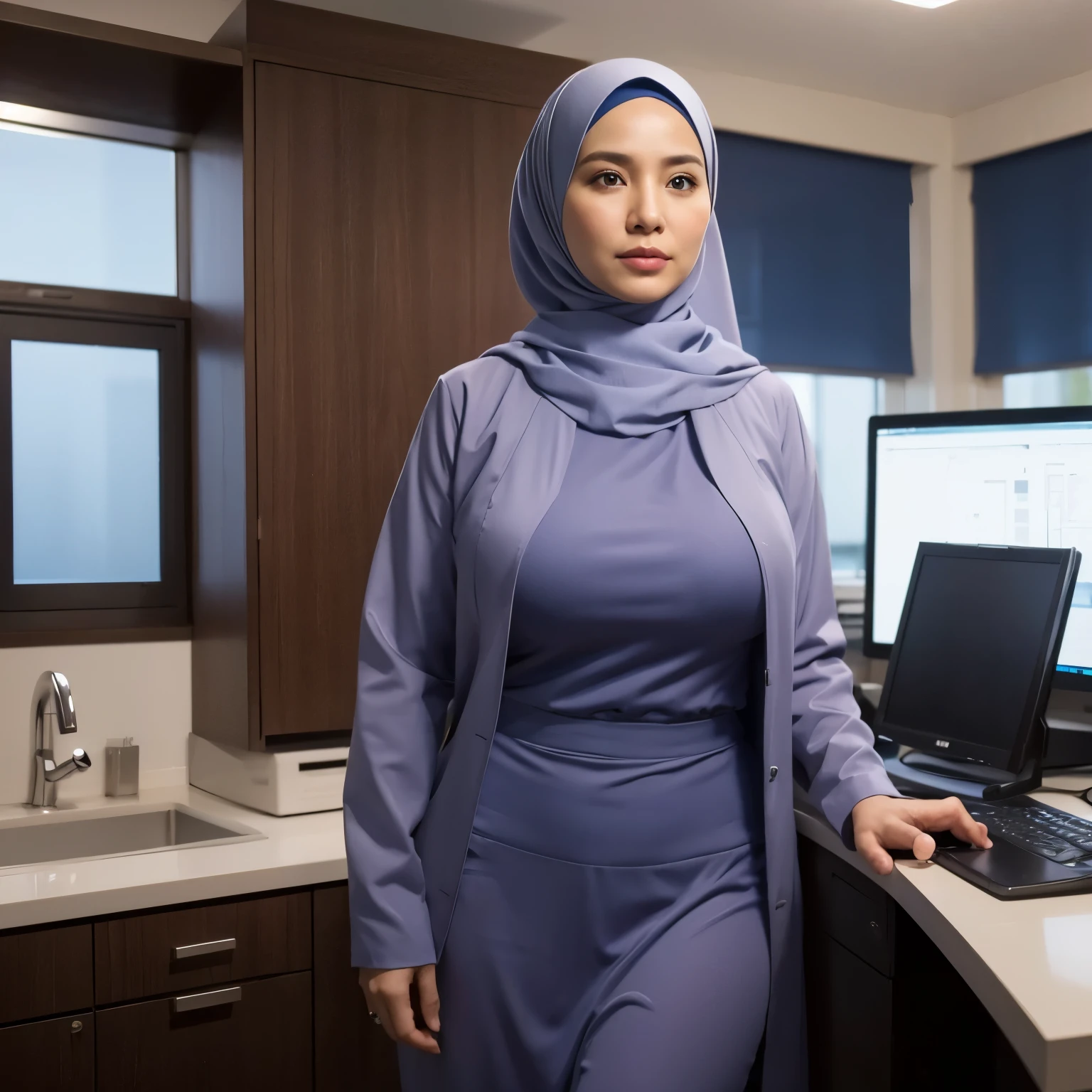 50 years Old, Hijab Indonesian mature woman, Extra Gigantic Tits : 172.9, Tight doctor suit, wearing Stethoscope, at doctor office, Dark light, at Nighttime.