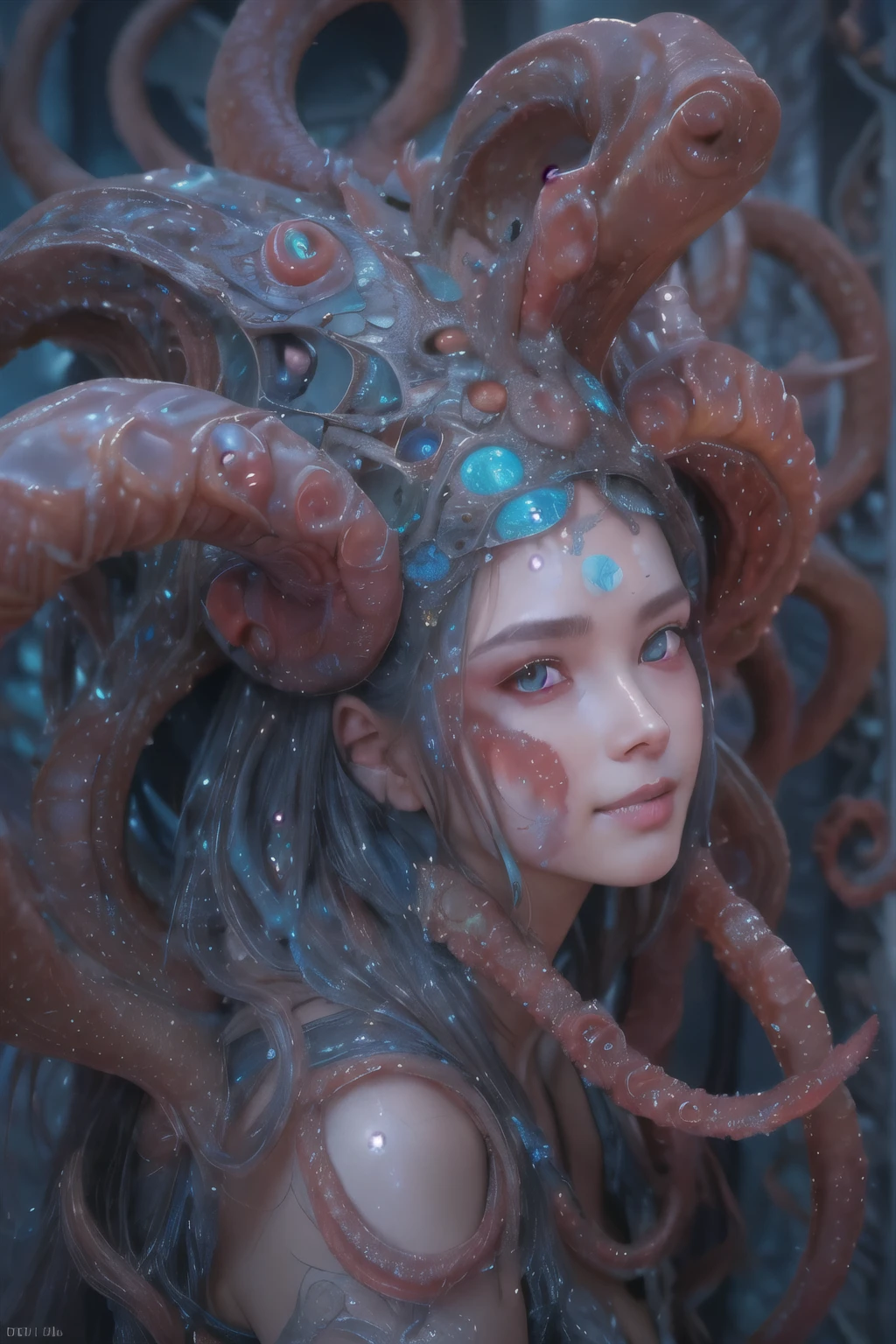 Portrait, (beautiful female alien:1.2),  (she has red eyes with no pupils:1.8), (Translucent skin:1.7),  (There is a female genital-like organ in the middle of the forehead:1.9), (The most beautiful face in the history of the universe:1.2),an evil gaze that seduces, (large mouth:1.1), (sharp teeth like a vampire:1.2), Full body like, (bio luminescent:1.5), (Smile wickedly:1.3),  (sexypose:1.5), alien, No humans, cells are fused, (Lots of translucent tentacles:1.3) extraterrestrial, cell, bio image, Best Quality, 8K,4K_quality, High Definition, Dramatic Lighting, masutepiece:1.5,cinematic quality, detail up, (Intricate details:1.2), High resolution, High Definition, drawing faithfully, (Thick eyebrows:1.2), Beautiful eyes with fine symmetry,(Highly detailed face and eyes:1.2), Intimate face, (Super detailed skin quality feeling:1.4), Perfect Anatomy,  (Beautiful toned body:1.5),  (Moist skin:1.2), No makeup, (dark circles:1.1), long canines, cinematic drawing of characters, ultra high quality model, cinematic quality, detail up, (Intricate details:1.2), High resolution, High Definition, drawing faithfully, Official art, Unity 8K wall  , 8K Portrait, Best Quality, Very High resolution, ultra detailed artistic photography, midnight aura,  unreal enginee 5, Ultra Sharp Focus, art by alberto seveso, ArtGerm, Roisch, intricate artwork, best quality, masutepiece, ultra High resolution, (photos realistic:1.4), Ultra-realistic realism, dream-like,  nautilus, Creation of fantasy, Snail, Dream Snail,  biopunk nautilus, Thrilling color schemes， Ultra-realistic realism， seductively smiling, Blue tentacles,