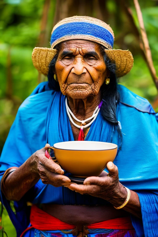 shamanic native of the Brazilian tribe, (middle age person), imagem colorida, Realistic, offering a cup of sacred tea with both hands together holding the tea