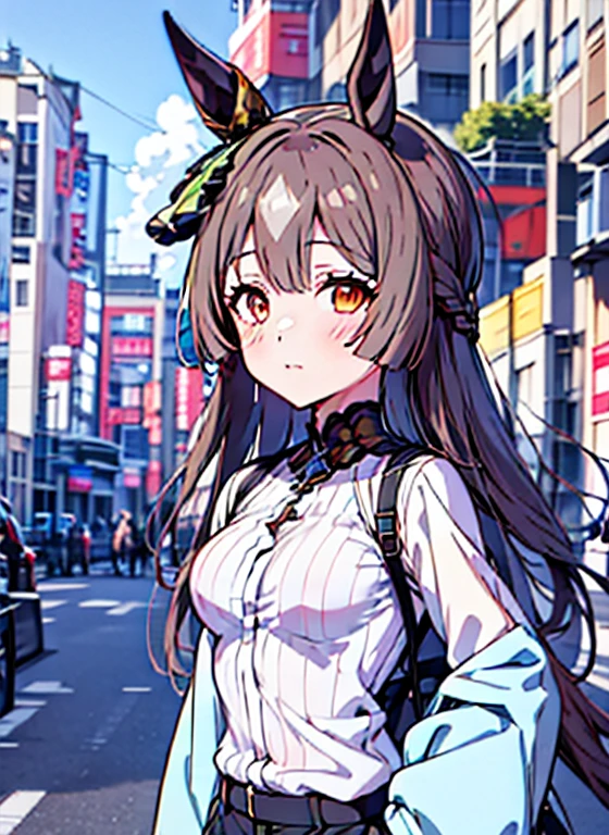 Anime girl wearing a white shirt and black pants standing in the city, Ayaka Genshin Impact, Anime visuals of cute girls, from the azur lane videogame, Ilya Kuvshinov with long hair, anime visual of a young woman, characters from azur lane, azur lane style, anime moe art style, ayaka game genshin impact