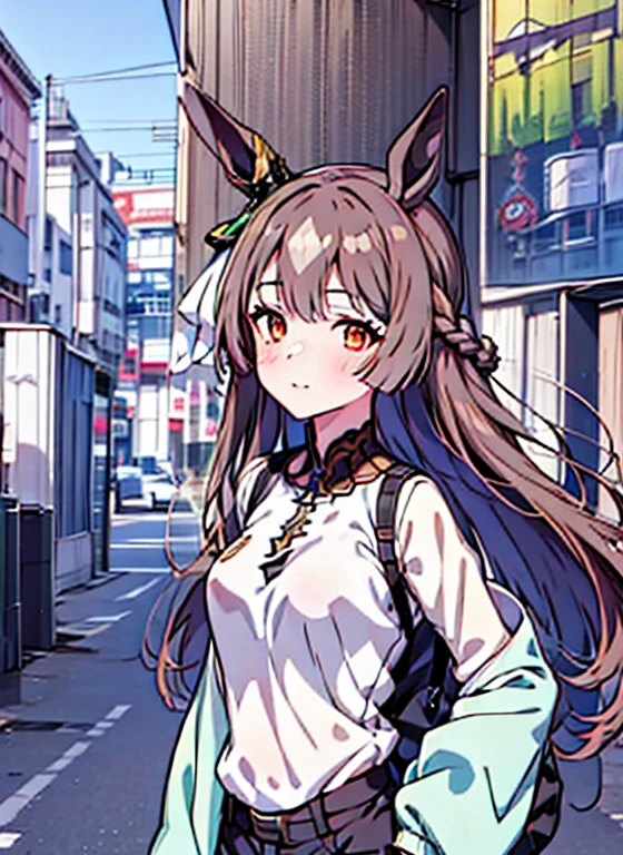 Anime girl wearing a white shirt and black pants standing in the city, Ayaka Genshin Impact, Anime visuals of cute girls, from the azur lane videogame, Ilya Kuvshinov with long hair, anime visual of a young woman, characters from azur lane, azur lane style, anime moe art style, ayaka game genshin impact