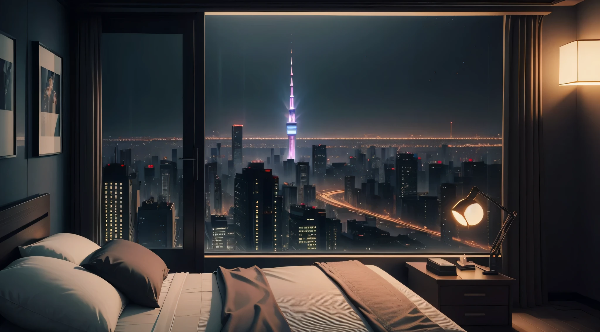 There is a bed in the room，view over city, photorealistic cinematic render, detailed cinematic rendering, Tokyo rooftops as background, Cyberpunk bedroom at night, cyberpunk apartment, Highly detailed and ultra-realistic visuals, bladerunner apartment, movie establishing shot, Strong movie atmosphere, realistic film style, movie night scene lighting, 8K lighting, 3d rendering bee