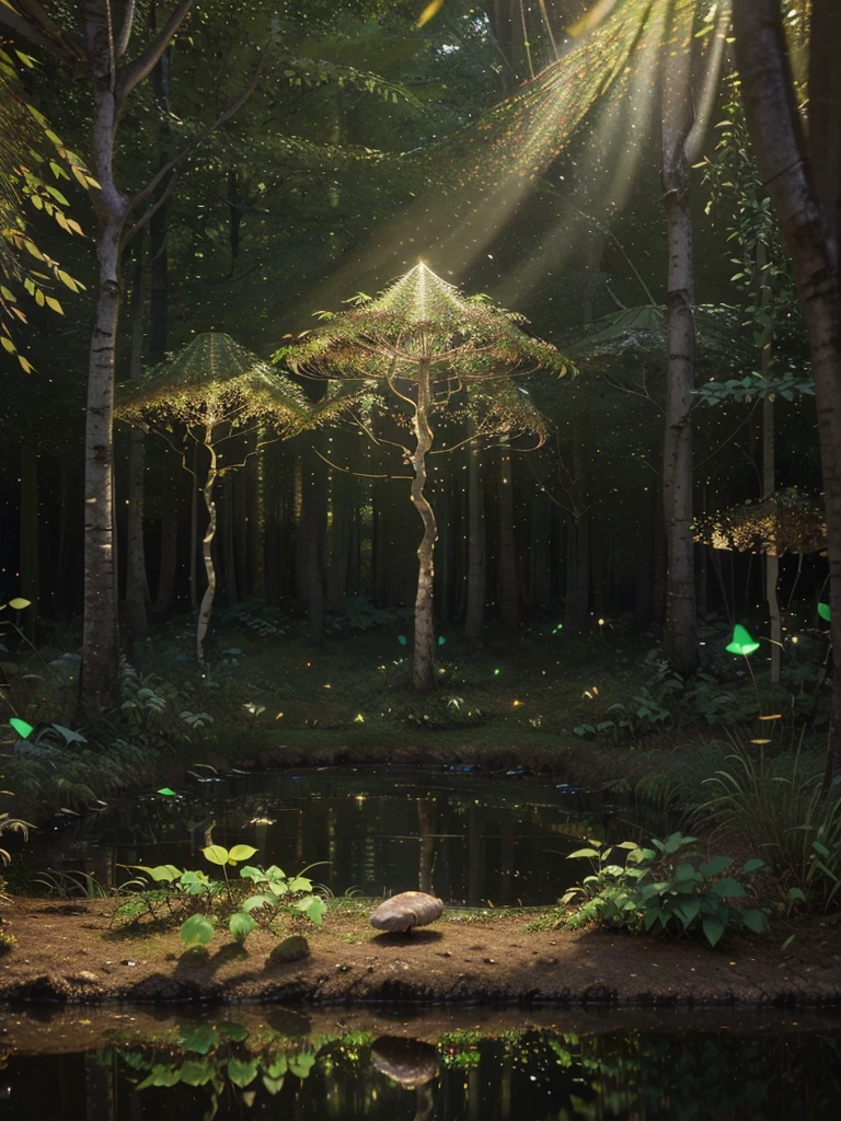 A masterpiece, the best quality, stunning reflections, the best reflections ever. (very detailed CG unity 8k wallpaperest quality), (best illustrationest shadoworest theme with natural elements. Tall trees, quiet streams, small glowing mushrooms surrounded by delicate leaves and branches, with fireflies and glowing particle effects,, (natural elements), (jungle theme), (leaves), (twigireflieutterflies, (delicate leaves), (glow), (particle effects). , Isometric 3D, Octane Rendering, Ray Traced, Super Detailed