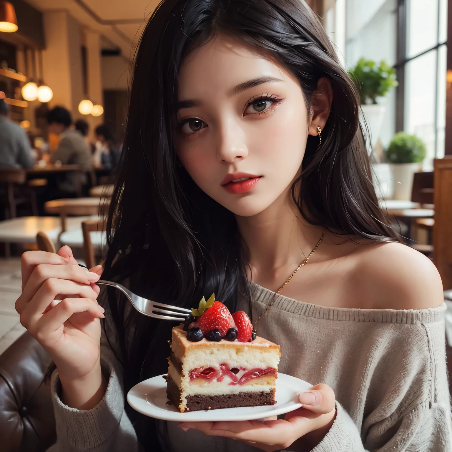 Beautiful woman eating delicious cake at a cafe. eighteen. Black hair. Her bangs are down. Fashionable clothes.