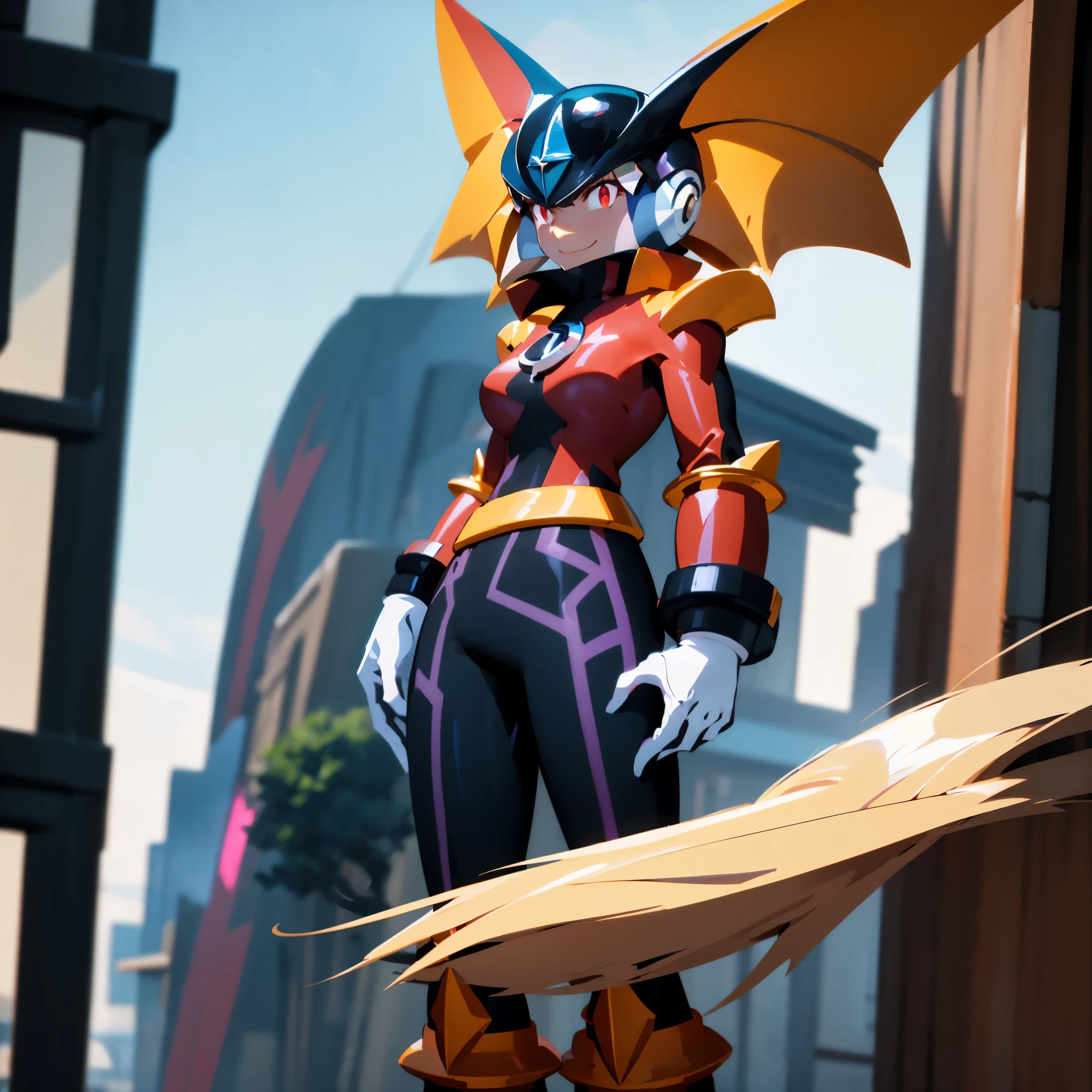 (High resolution, Best quality, Extreme definition, High quality, 8k, 4k, UHD, 1Girl, highly detailed) May from pokemon wearing bass.exe armor, with heavy black armor plates with purple trim. Heavy yellow bracers are bolted to her arms and legs, as heavy black boots and white gloves are fitted neatly to her body. Over this armor she wears her signature red jacket, which now compliments May’s new helmet. Her armored biker jacket, now open, reveals the fur inside. Her new metallic outfit glistens in the light, reflecting May’s surroundings. May’s face now confidently looks at the viewer, with a closed smile encoding her confidence, eyes intrigued by what the viewer thinks of her outfit. Her helmet is tightly fitted, intricately detailed with red panel work as her long brown hair flows down to her knees. Her heavily armored and styled outfit has a large belt, with heavily armored segments along it, with heavy-duty belt buckle fastening it tightly. Her Black Fur Jacket is lined with red trim