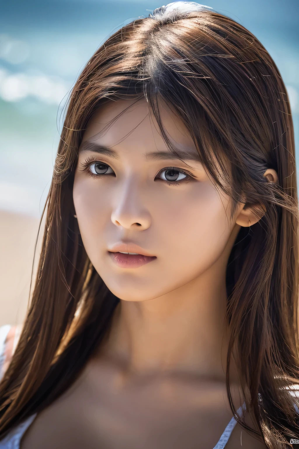 (ighly detailedで高品質なイラストの照明と影の効果, Ultra-realistic), Beach, Young woman with wheat skin color and short bright white hair, Looking at the sea with a pensive expression,muscle, full resolution、foco nítido、RAWportlate、Photorealsitic、Raw foto、hyperdetailed photo、(natural skin textures、Detailed skin、Hyper-Realism、ultra sharpness)、high-detail skin、(ighly detailed、Detailed skinの質感、intricate detailes、Lighting on the right side of the depth of field、(Lighting from below)、美丽的面容、(Lifelike face)、realisticeyes、美しいA detailed eye、real looking skin、Beautiful skins、A hyper-realistic、ighly detailed、the golden ratio、most beautiful image in the world, fantastic location、(电影灯光)、Detail Enhancement, beautiful lighting、foco nítido、(Poses variadas)、超A detailed face、A detailed eye、more hair、brown haired、length hair、Beautiful hairstyle、A detailed face、Breast exposure、cleavage of the breast、(portlate)、unbelievable Ridiculous