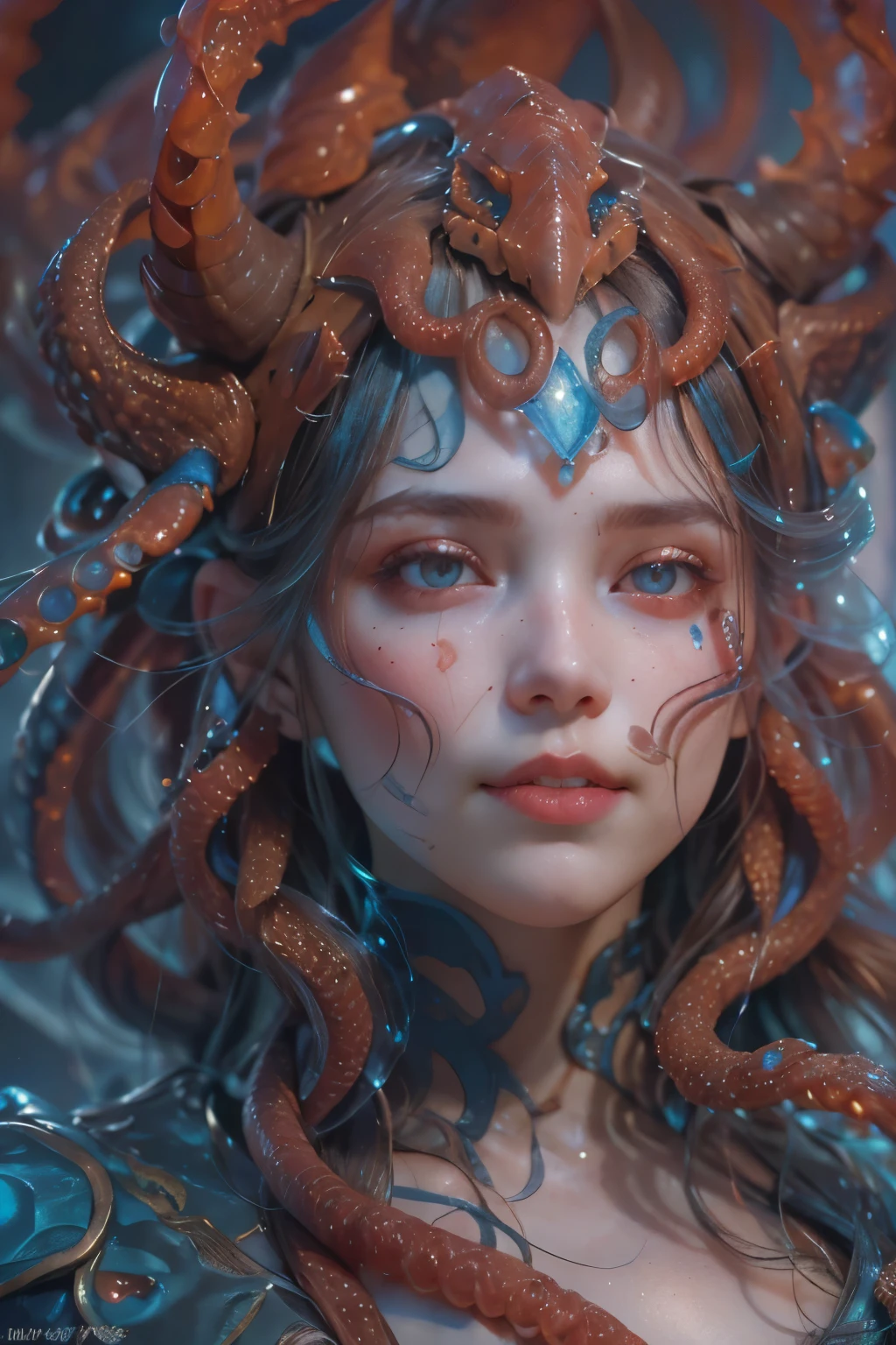 Portrait, (beautiful female alien:1.2), (she has red eyes with no pupils:1.8), (Translucent skin:1.7), (There is a female genital-like organ in the middle of the forehead:1.9), (The most beautiful face in the history of the universe:1.2),an evil gaze that seduces, (large mouth:1.1), (sharp teeth like a vampire:1.2), Full body like, (bio luminescent:1.5), (Smile wickedly:1.3), (sexypose:1.5), alien, No humans, cells are fused, (Lots of translucent tentacles:1.3) extraterrestrial, cell, bio image, Best Quality, 8K,4K_quality, High Definition, Dramatic Lighting, masutepiece:1.5,cinematic quality, detail up, (Intricate details:1.2), High resolution, High Definition, drawing faithfully, (Thick eyebrows:1.2), Beautiful eyes with fine symmetry,(Highly detailed face and eyes:1.2), Intimate face, (Super detailed skin quality feeling:1.4), Perfect Anatomy, (Beautiful toned body:1.5), (Moist skin:1.2), No makeup, (dark circles:1.1), long canines, cinematic drawing of characters, ultra high quality model, cinematic quality, detail up, (Intricate details:1.2), High resolution, High Definition, drawing faithfully, Official art, Unity 8K wall , 8K Portrait, Best Quality, Very High resolution, ultra detailed artistic photography, midnight aura, unreal enginee 5, Ultra Sharp Focus, art by alberto seveso, ArtGerm, Roisch, intricate artwork, best quality, masutepiece, ultra High resolution, (photos realistic:1.4), Ultra-realistic realism, dream-like, nautilus, Creation of fantasy, Snail, Dream Snail, (biopunk nautilus:1.3), Thrilling color schemes, Ultra-realistic realism, seductively smiling, Blue tentacles,