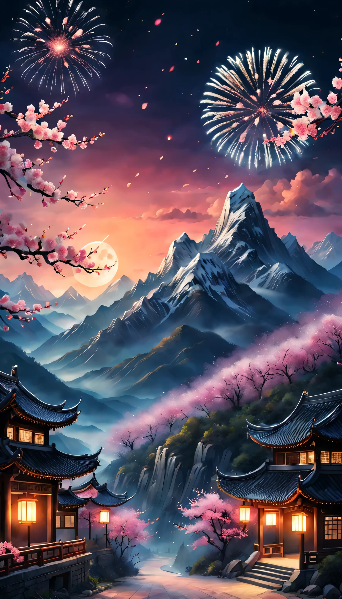 On a cold winter night，A grand New Year&#39;s fireworks show is taking place over a traditional Chinese village。Fireworks bloom in the night sky，Beautiful fireworks formed，It creates a mysterious and unique atmosphere。 The mountain peaks in the picture soar into the sky，Thick fog hangs over the mountainireworks bloom，It adds a touch of mystery to the whole scene。(The mountain peaks are covered with a thin layer of snow)，twinkling moonlight。 At the foot of the mountain is a dense peach blossom forest，Pink flowers blooming on the peach tree，Picturesque。 This picture is mainly in illustration style，detail-rich，vivd colour。Sewing style elements，Make the whole picture more three-dimensional，Give people a sense of intimacy。随着Fireworks bloom的光芒，The picture is full of joy、a joyful atmosphere。 The image quality is the best，The resolution is 4K or 8K，detail-rich，High fidelity。The entire picture has professional photography effects，detail-rich，colors full、vividness，The background uses the bokeh effect cleverly，Highlight the topic。