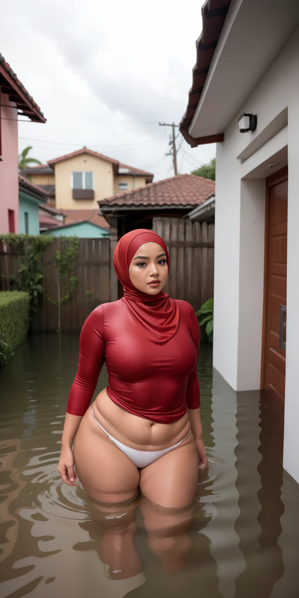 gravure, from the chest up, masutepiece, Best Quality, Ultra-detailed, Photorealistic, super detailed skin, Perfect Anatomy, (1 Malaysian), (Solo), 84 years old, Large breasts, Malaysian Hijab actress, nudes red, glamor, A sexy, Chromo-white skin, Looking at Viewer, Being in a flooded village, High flood water at the central level, Flooding chest level, VERY DEEP FLOODING, The flood outside the house is very high