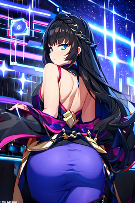 Anime black hair galaxy entity, she is dressed with an elegant black gown and wears a collar with a magic circle in it. She has long hair, she looks divine, huge ass,.