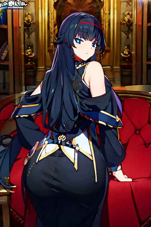 Anime black hair galaxy entity, she is dressed with an elegant black gown and wears a collar with a magic circle in it. She has long hair, she looks divine, huge ass,.