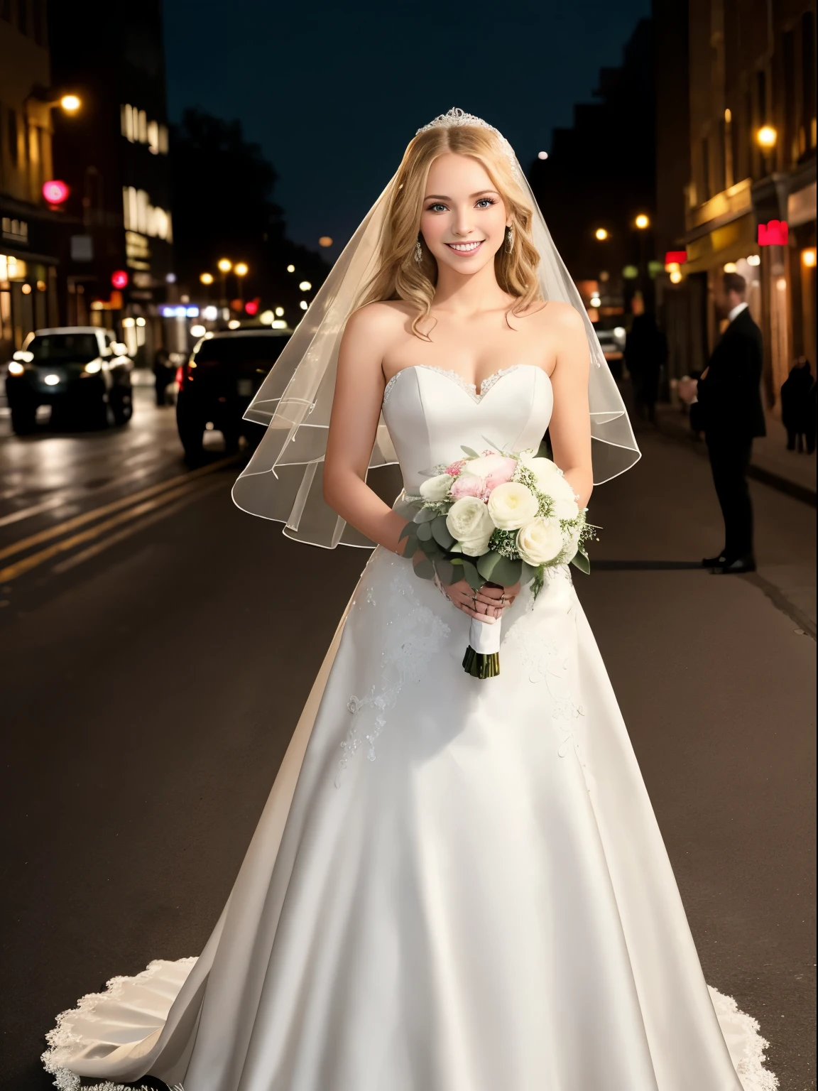 The image features a beautiful young blond woman wearing a white wedding dress, standing on a city street at night. She is holding a bouquet of flowers in her hand, and her elegant appearance suggests that she is a bride. The scene is set against a backdrop of city lights, creating a romantic atmosphere. The woman's smile and the presence of the bouquet indicate that she is happy and excited about her special day.