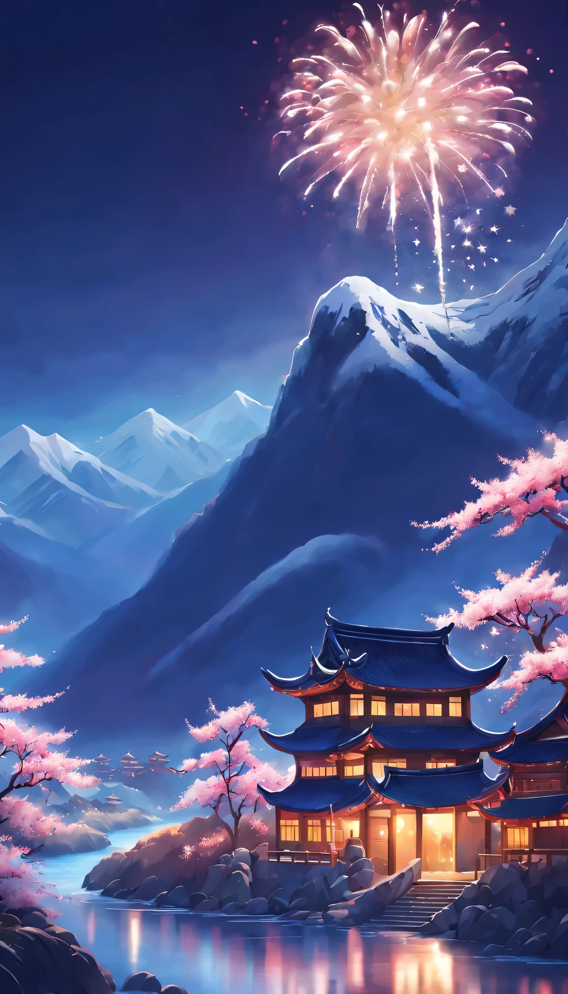 On a cold winter night,A traditional Chinese village is hosting a grand New Year fireworks display。Fireworks bloom in the night sky,Beautiful fireworks formed,It creates a mysterious and unique atmosphere。 The mountain peaks in the picture soar into the sky,Thick fog hangs over the mountainireworks bloom,It adds a touch of mystery to the whole scene。(The mountain peaks are covered with a thin layer of snow),Beautiful shadows in the moonlight。 At the foot of the mountain,A small stream flows through the mountains。There is a dense peach blossom forest beside the stream.,Pink flowers blooming on the peach tree,Picturesque。 This picture is mainly in illustration style,detail-rich,vivd colour。Sewing style elements,Make the whole picture more three-dimensional,Give people a sense of intimacy。随着Fireworks bloom的光芒,The picture is full of joy、a joyful atmosphere。 The image quality is the best,The resolution is 4K or 8K,detail-rich,High fidelity。The entire picture has professional photography effects,detail-rich,colors full、vividness,The background uses the bokeh effect cleverly,Highlight the topic。