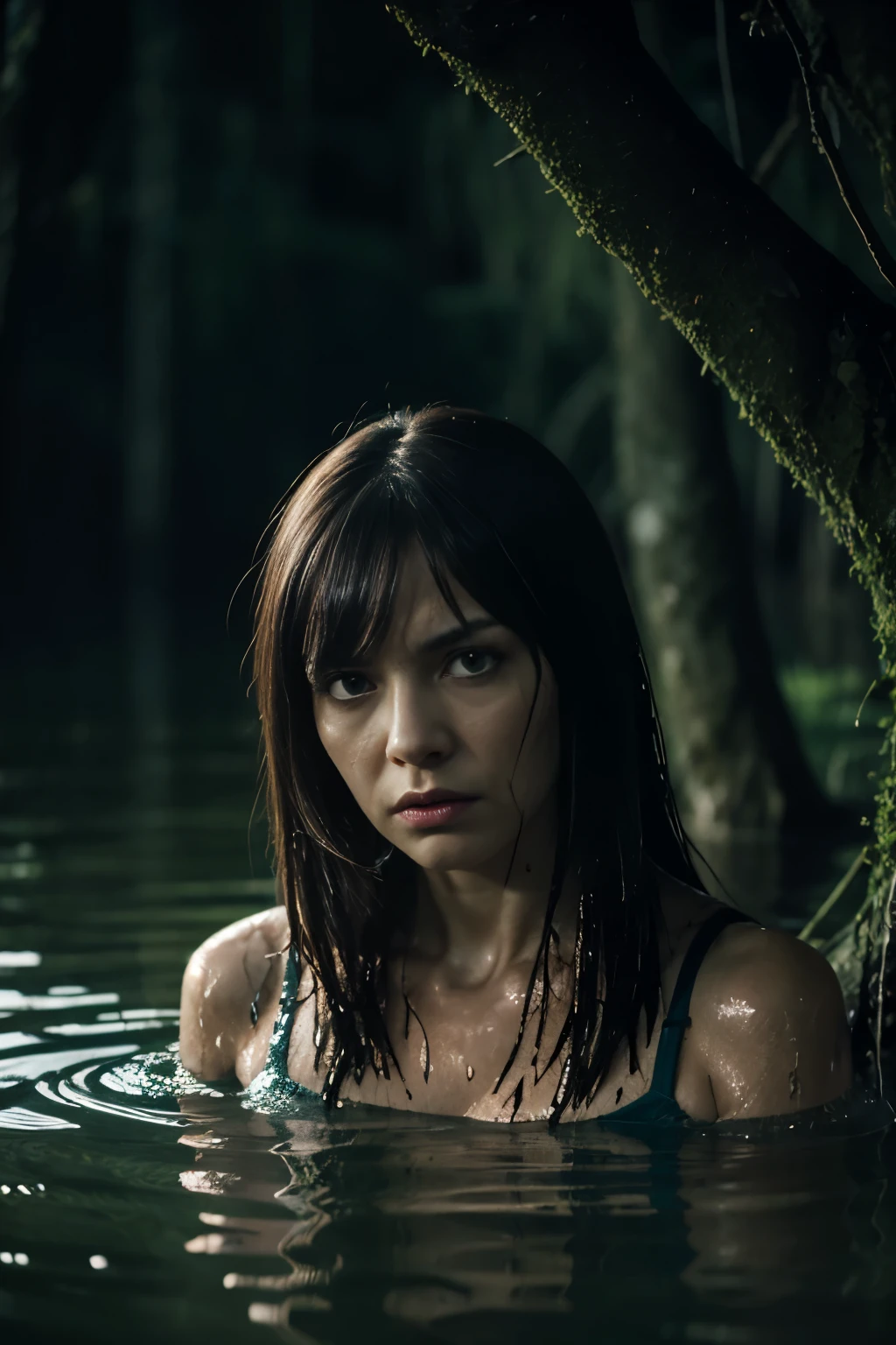 "(Best Quality,hight resolution:1.2),Withered woman,Expressive wrinkles,Bob haircut,Jeans,blouse,thicket,woods,(drowning in a swamp:1.3),thriller,dread,compulsion,Detailed eyes and face,elongated,expression of despair,Dark and moody lighting,Wrestling Hands,ominous vibe,Death Trap,tragic, death,(masochism),Sexual tension,Psychological thriller"