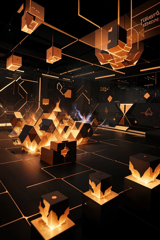 abstract representation of flames stylized as a technological blockchain element. flames transforming into digital blocks, emphasizing the technological and innovative nature. geometric shapes such as squares or hexagons to underscore blockchain and technological aspects. dynamic lines symbolizing movement and progress.