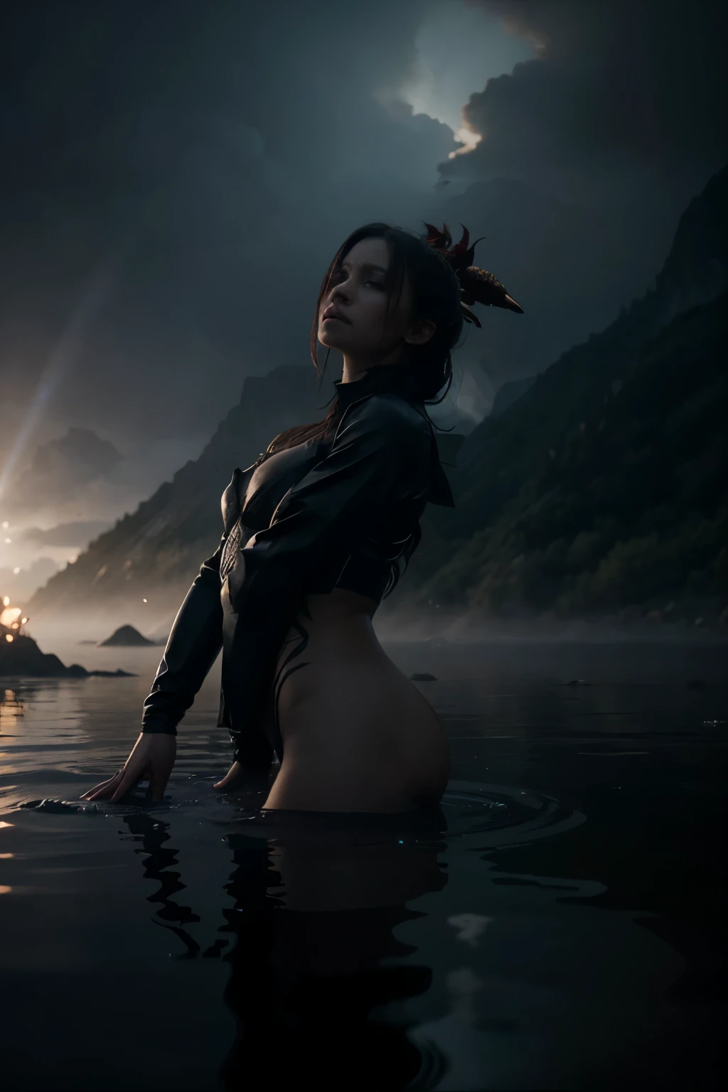 a hyper-realistic photo of a stunning anthropomorphic dragon on a lake's surface. Add a touch of atmospheric fog for mystique, using Unreal Engine for expressive styling, a 1:2 aspect ratio, anime-inspired enhancements (niji 5), and high-quality rendering (q 3). Shot in 32K UHD with a Hasselblad H6D 400c Multi shot,radiates emotion and beauty in an epic cinematic light.