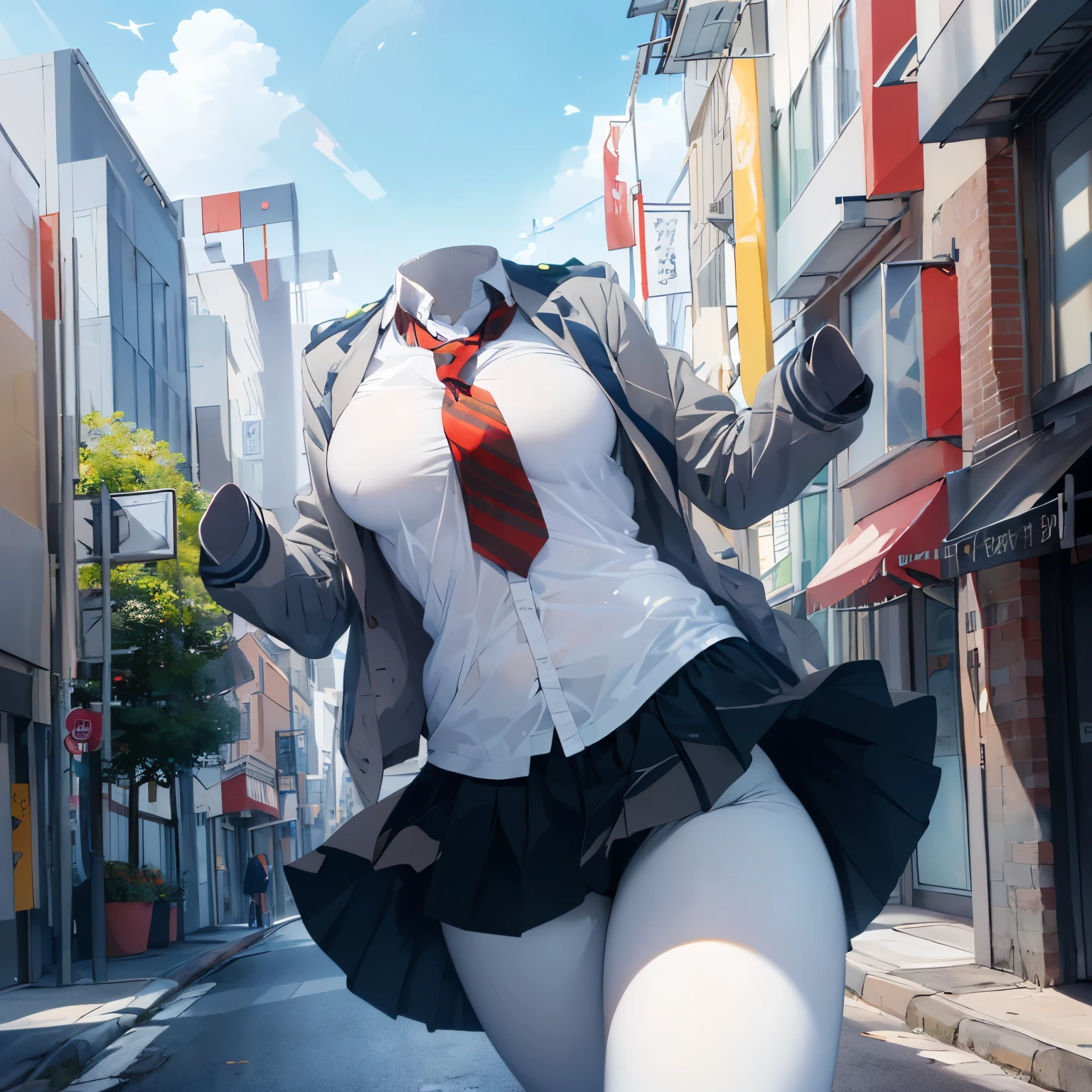 absurdres, highres, ultra detailed, school uniform, stripe tie, cute big breasts, (invisible, no human, headless, handless:1.5), chubby, from below, cute pose, white leggings