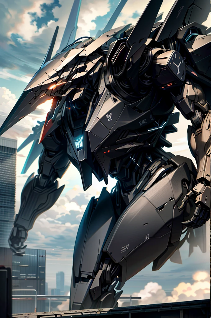 sky, cloud, holding_weapon, no_humans, glowing, , robot, building, glowing_eyes, mecha, science_fiction, city, realistic,mecha
