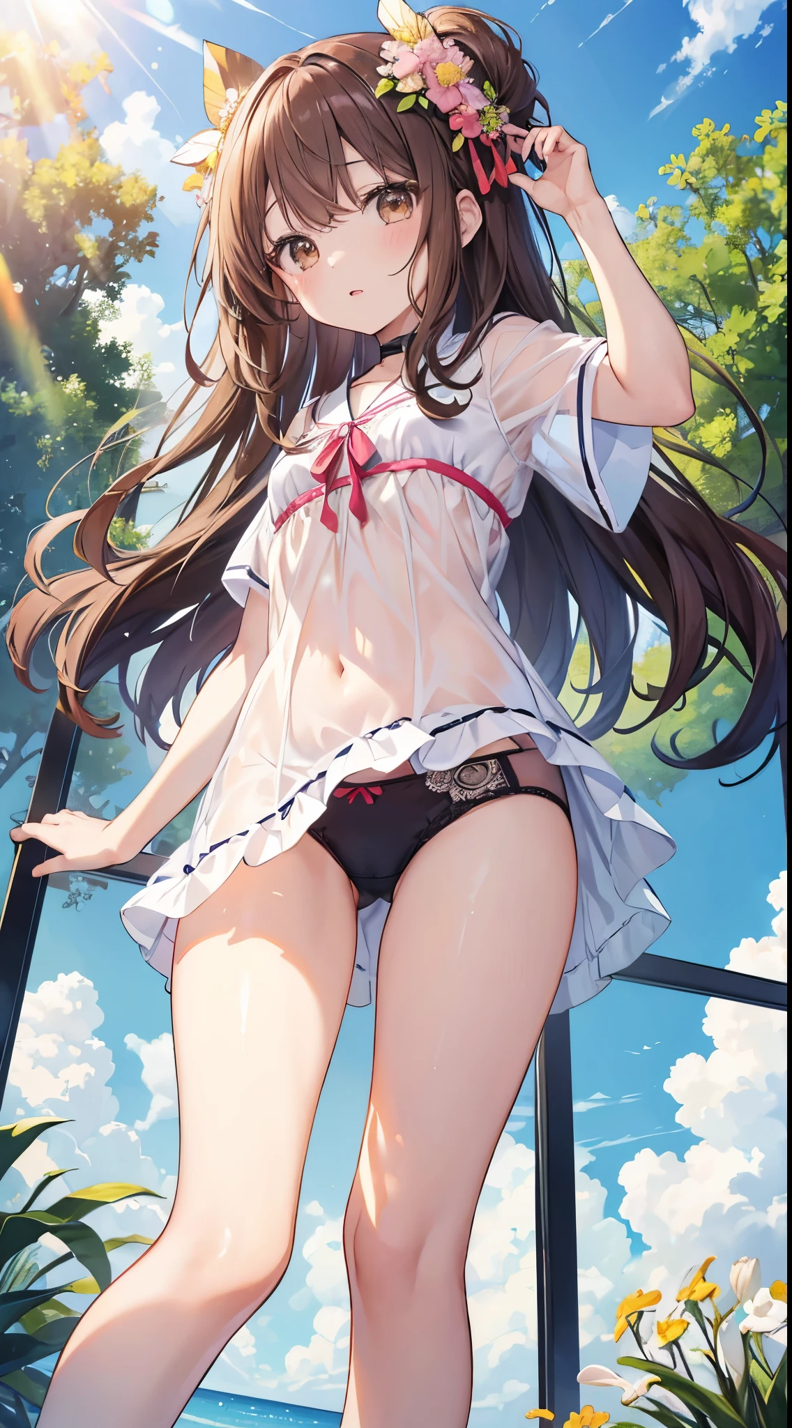 Hi-Res、​masterpiece、Chizuru Ichinose、Brown hair、Soio、Female one、Sunlight、Angle from below、Colorful  pattern、细致背景、A detailed eye、（（Brown-eyed））,Beautiful and perfect legs,