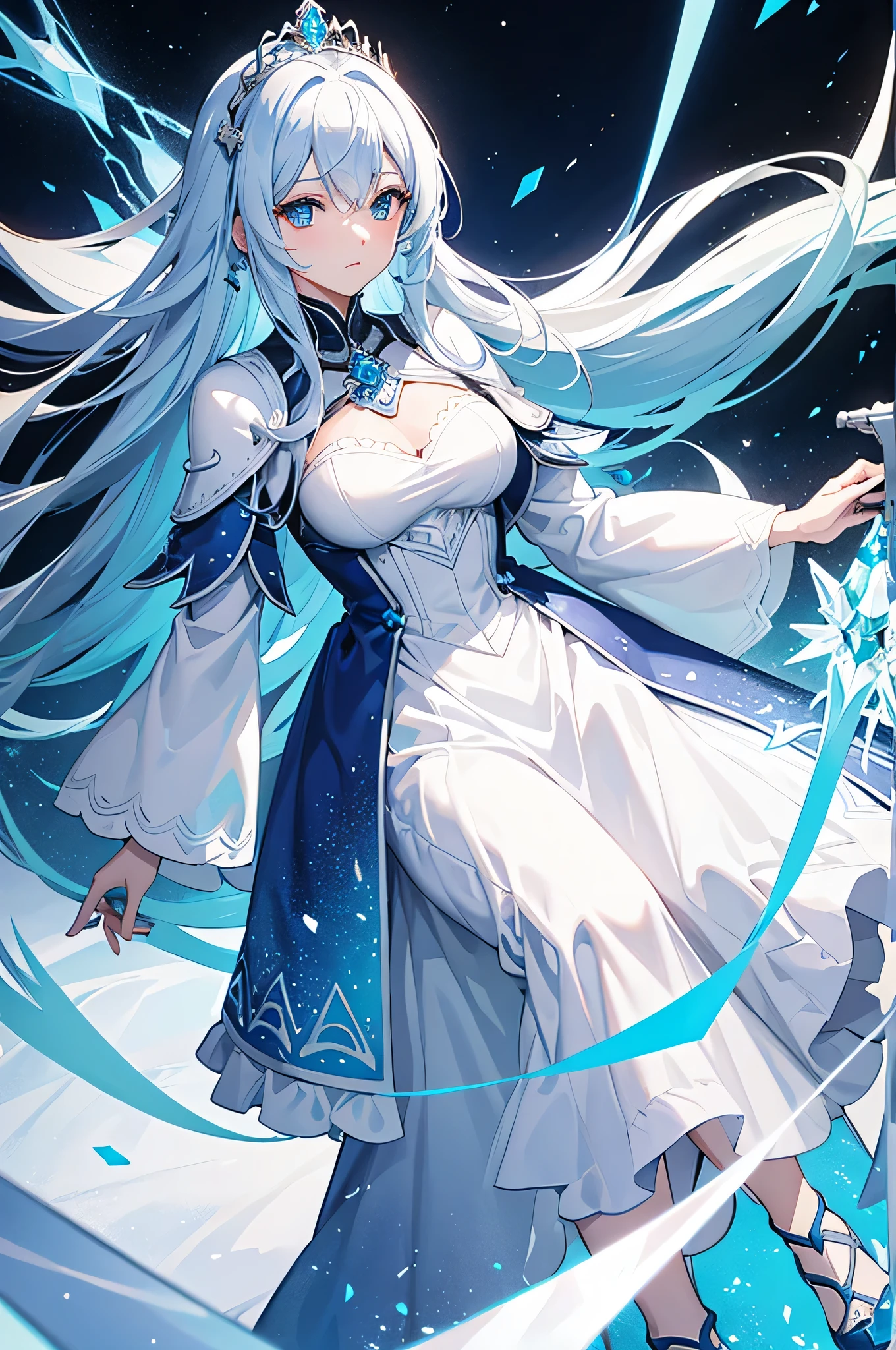 4K,hight resolution,One Woman,white-blue hair,Longhaire,Blue eyes,Knights,Ice armor,Princess tiara,Crystal Sword,Land of Ice