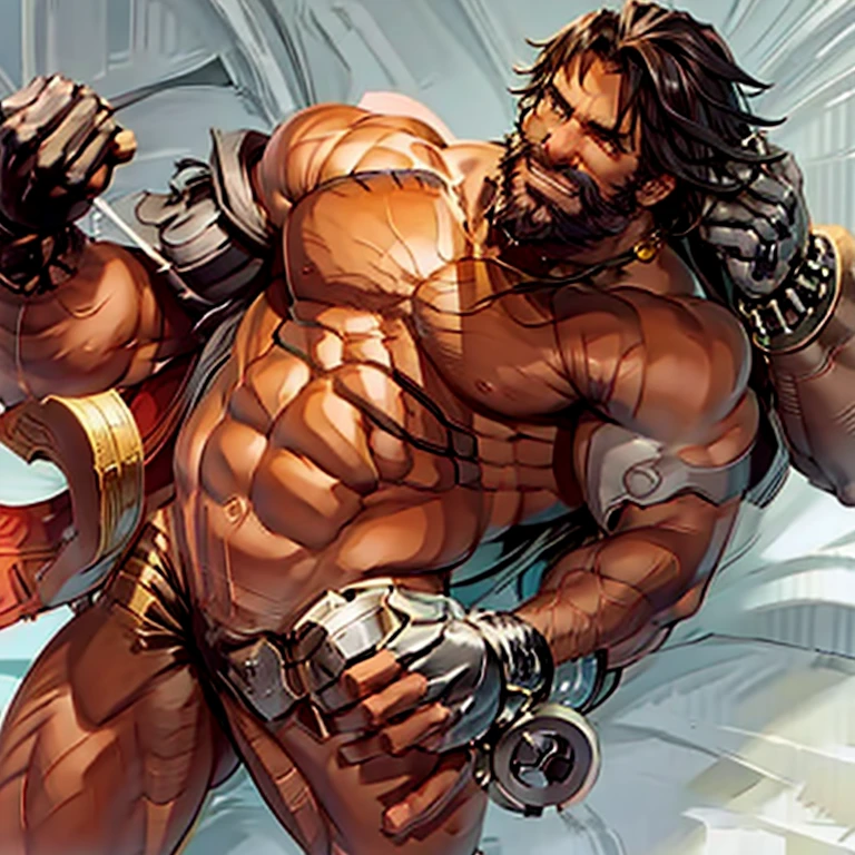 Nsfw art: A fully naked muscular hairy man with a brown skin, a big amount of chest hair, a black beard, black hair, with big  and cum on his abs and scars, raising both hands wide open as he is smirking while having a side smile, let him have a pierced in his nipple and make him in the style of Overwatch characters as Cassidy reference. Make him cum from his  and show his  in overwatch style art no clothes  appear  show cock seen cum in body a lot of cum an big cock so much cum cum everwhere