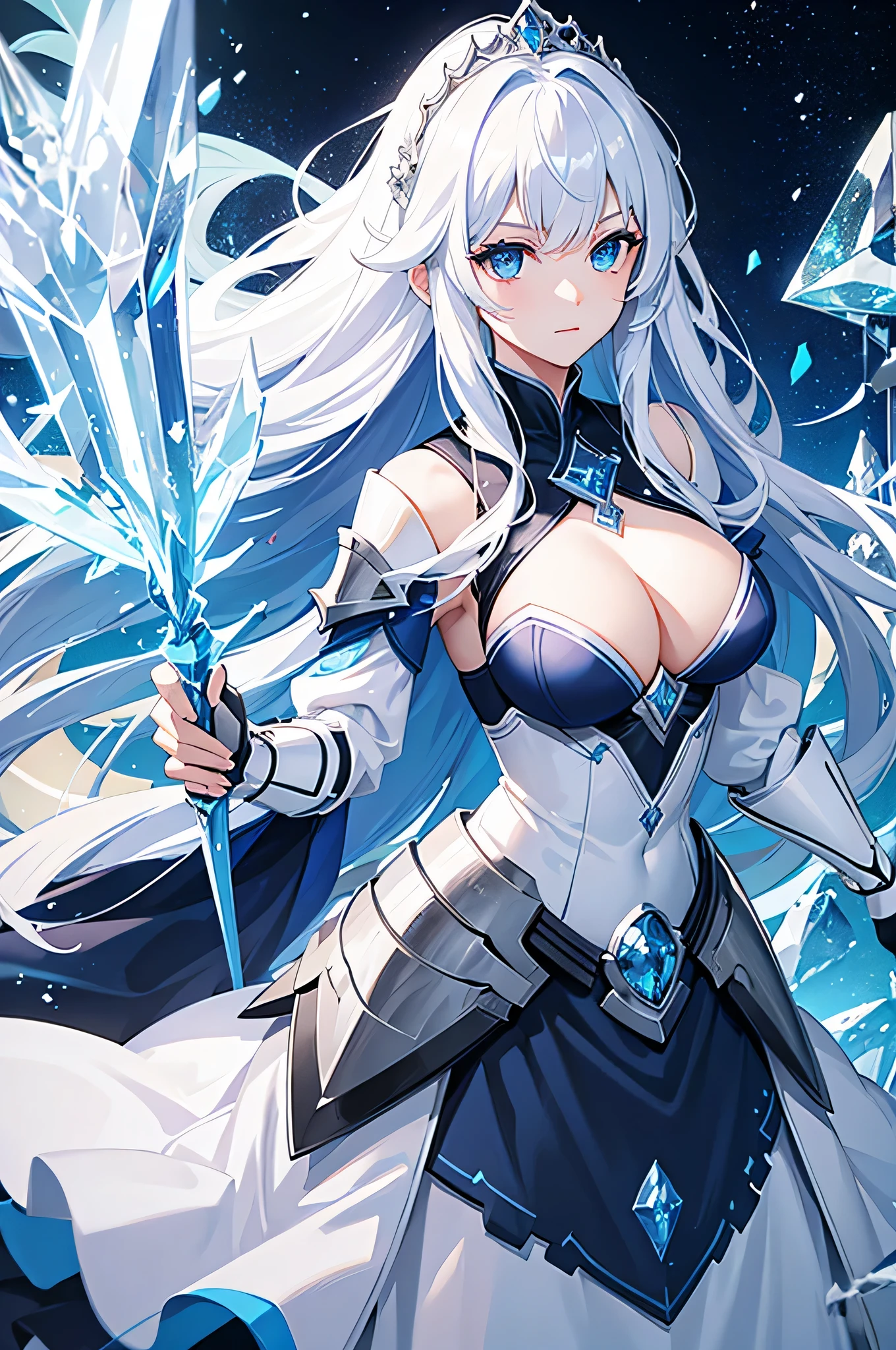 4K,hight resolution,One Woman,white-blue hair,Longhaire,Blue eyes,Knights,Crystal Heavy Armor,Princess tiara,Crystal Sword,Land of Ice