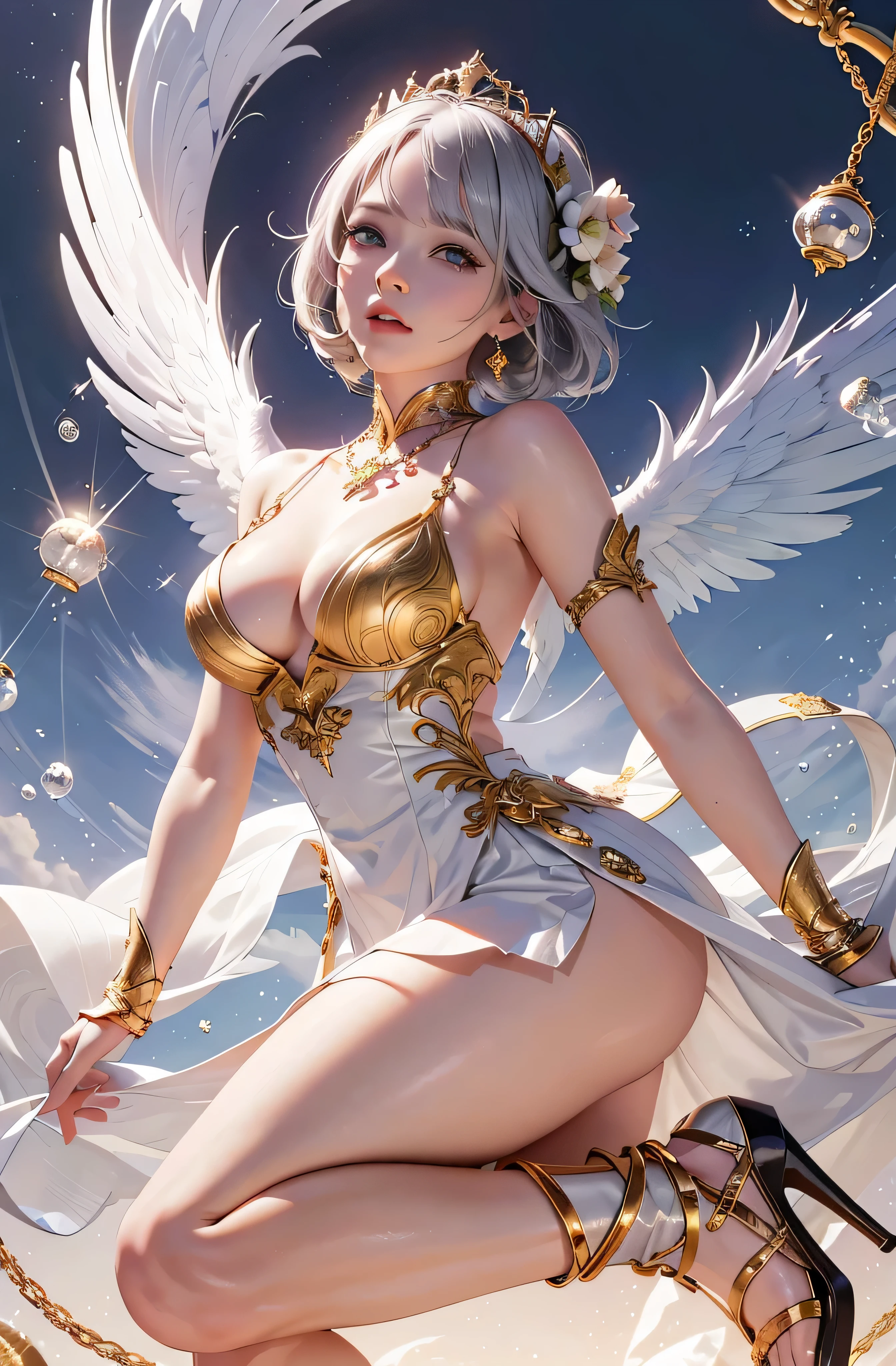 Castle in the distance、The face is front、Looking at the camera、profile、8K、realphoto、超A high resolution, Master Parts, Best Quality, nffsw , cinematic images,Lovely girl、ann、16 only、annグロサクソン、二重まぶた、drooing eyes、Very big eyes、Eyes purple、Dark eye shadow、The lips are very thin、The tip of the nose stretches beautifully..................................、small nostrils,,,,, ighly detailed , Silver hair、Straight short hair、ssmile、 Sweet look 、a very beautiful woman、legs are long、、Very clear shadows , jewely , A detailed eye, very intricate, shiny skins , パーフェクトブリリannト, Perfect Lighting, Dramatic shadows、White tiara on head、Gold necklace around the neck、White aristocratic dress with gold embroidery、Glass High Heels、Angel White Wings
