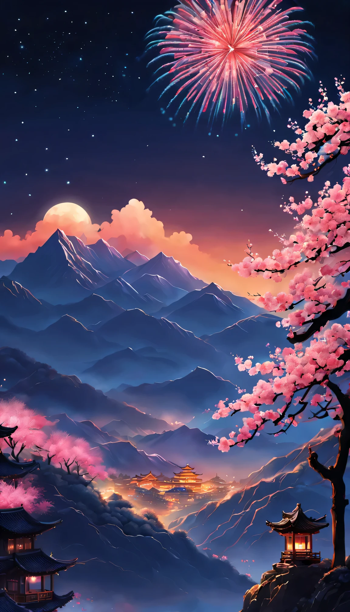 On a cold winter night,a traditional chinese village,New Year Fireworks Show。(Fireworks bloom in the night sky),Beautiful fireworks formed,It creates a mysterious and unique atmosphere。 The mountain peaks in the picture soar into the sky,Thick fog hangs over the mountainireworks bloom,It adds a touch of mystery to the whole scene。The mountain peaks are covered with a thin layer of snow,twinkling moonlight。 At the foot of the mountain is a dense peach blossom forest,Pink flowers blooming on the peach tree,Picturesque。 This picture is mainly in illustration style,detail-rich,vivd colour。Sewing style elements,Make the whole picture more three-dimensional,Give people a sense of intimacy。随着Fireworks bloom的光芒,The picture is full of joy、a joyful atmosphere。 The image quality is the best,The resolution is 4K or 8K,detail-rich,High fidelity。The entire picture has professional photography effects,detail-rich,colors full、vividness,The background uses the bokeh effect cleverly,Highlight the topic。
