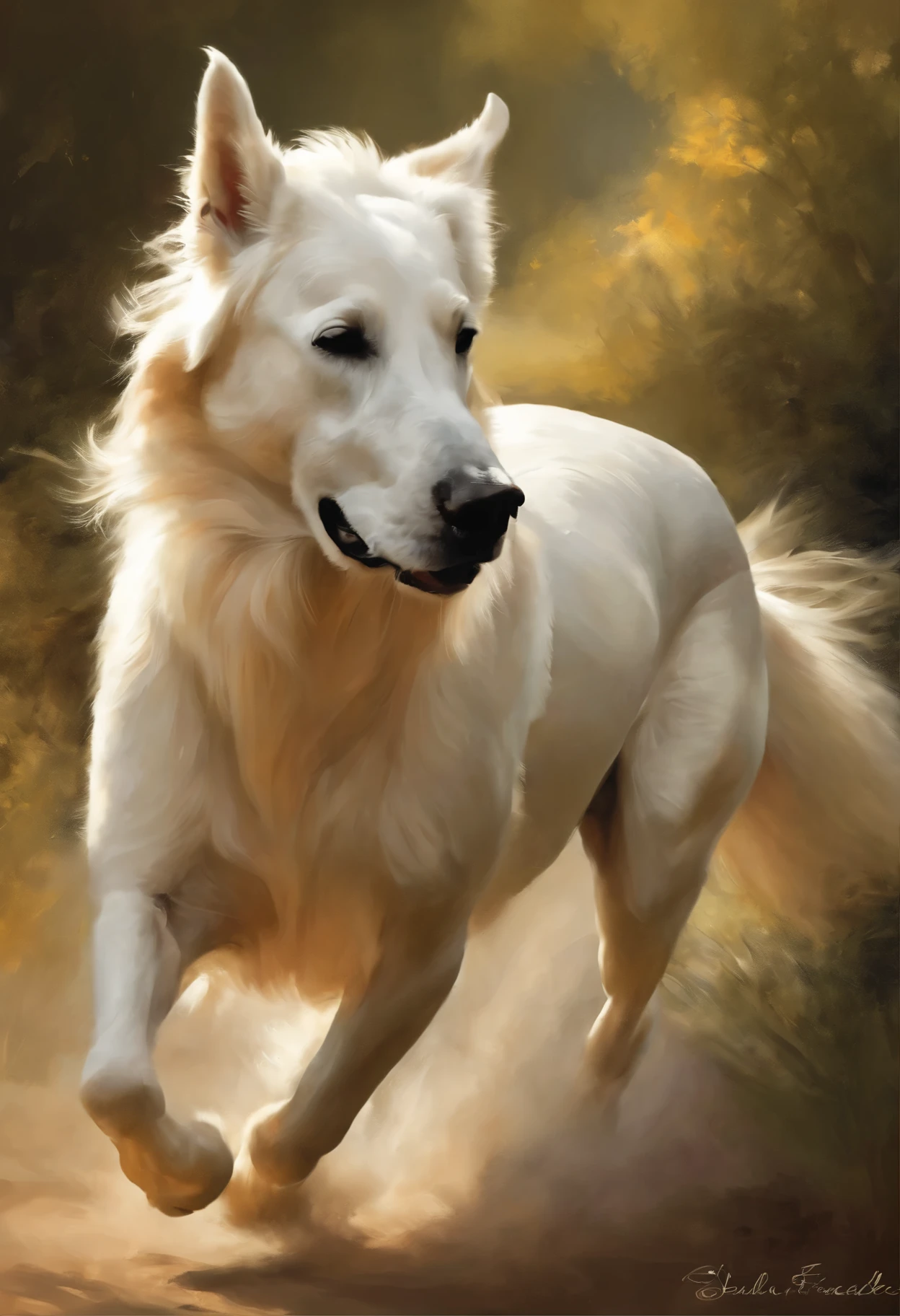 Painting of a huge white dog, Running with the wind, gorgeous digital painting, airbrush digital oil painting, beautiful digital painting, inspired by John Frederick Herring, Senior., inspired by John Frederick Herring, Jr., Stunning digital painting, a beautiful horse, Beautiful serene horse, Digital painting in HD format, high quality digital painting, Flowing mane, Epic oil painting, Beautiful picture of high