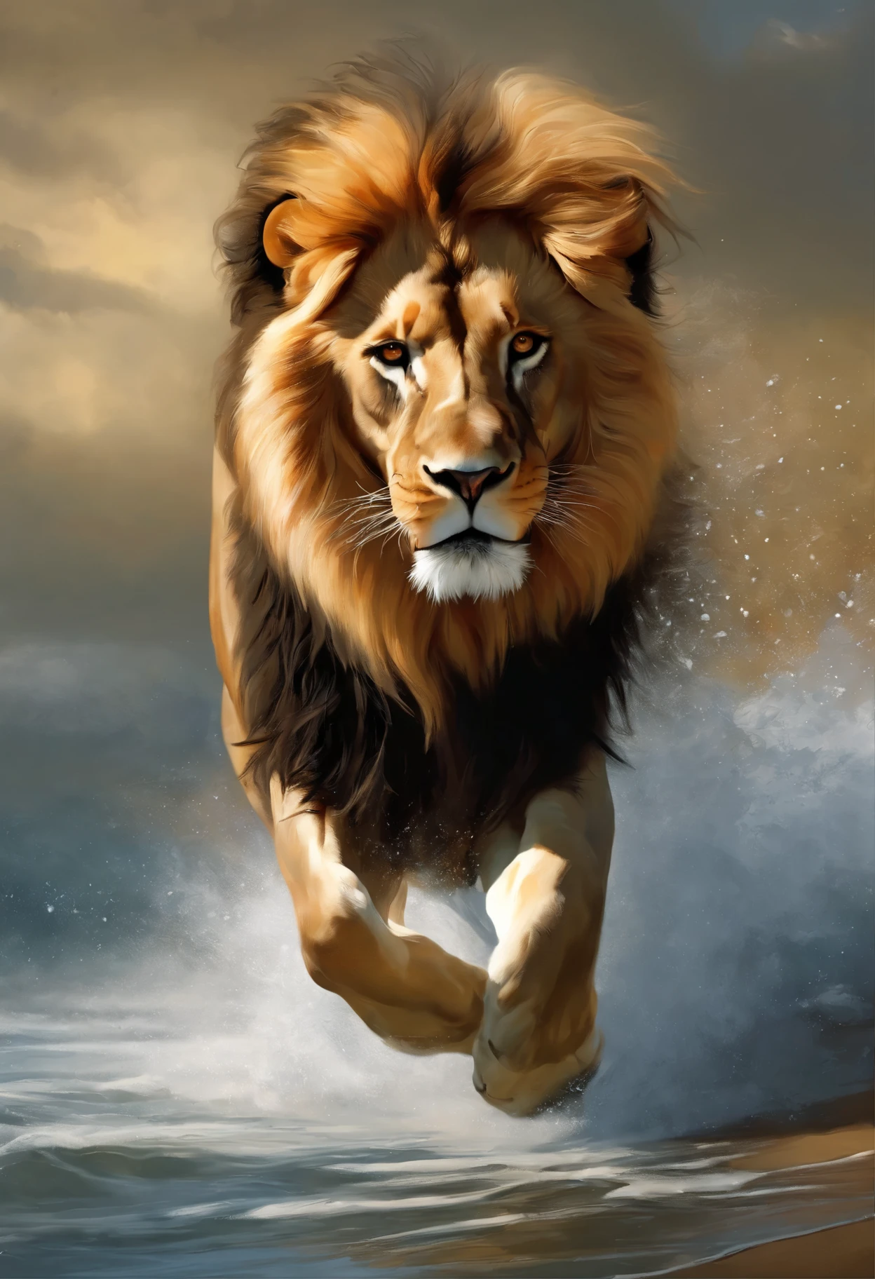 Painting of a lion, Running with the wind, gorgeous digital painting, airbrush digital oil painting, beautiful digital painting, inspired by John Frederick Herring, Senior., inspired by John Frederick Herring, Jr., Stunning digital painting, a beautiful horse, Beautiful serene horse, Digital painting in HD format, high quality digital painting, Flowing mane, Epic oil painting, Beautiful picture of high