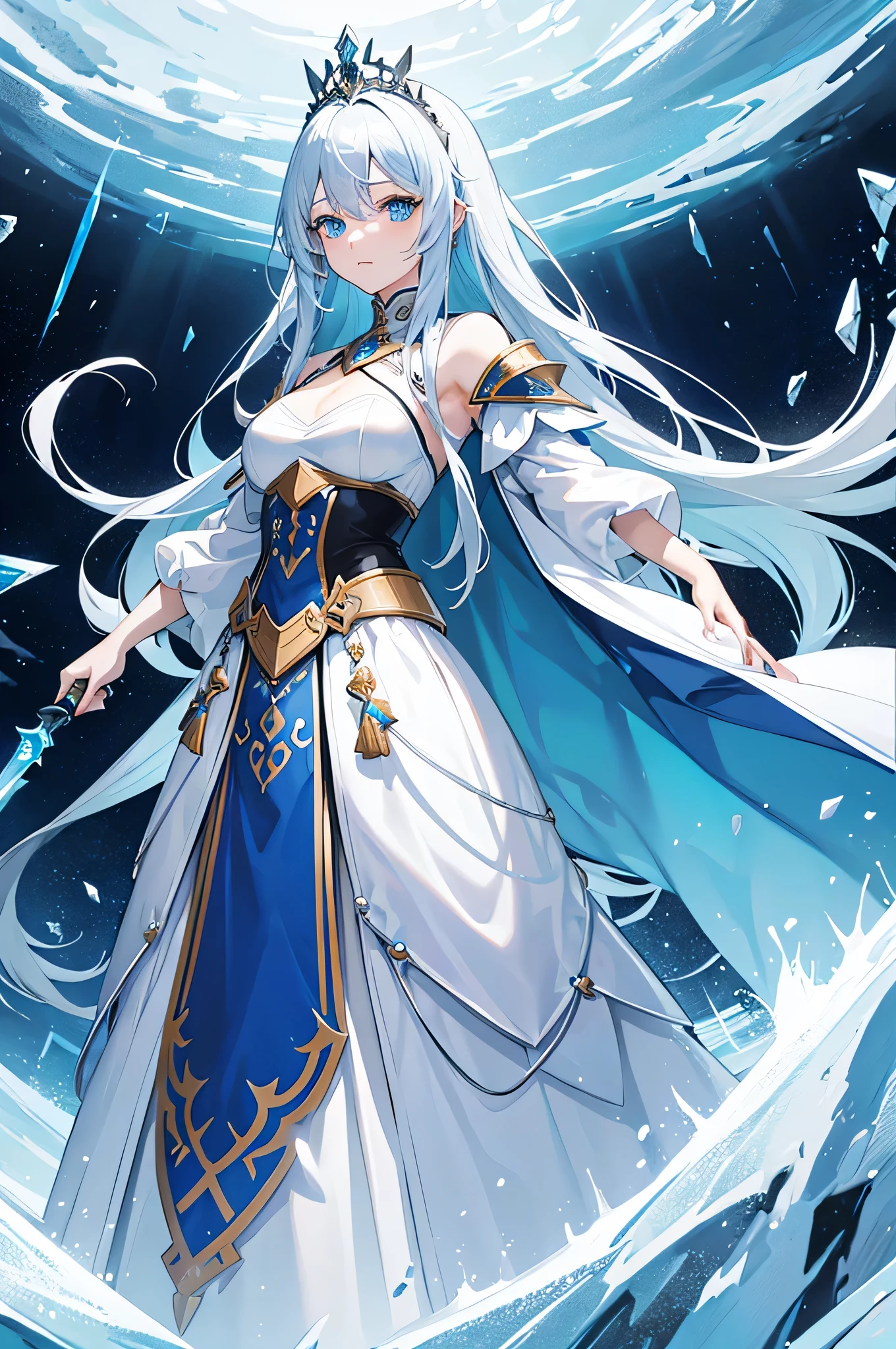 4K,hight resolution,One Woman,white-blue hair,Longhaire,Blue eyes,Knights,Ice armor,Princess tiara,Crystal Sword,Land of Ice