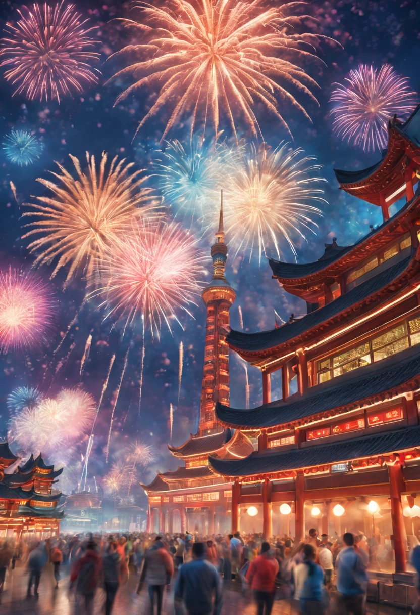 (high resolution,best quality,masterpiece:1.2) Shanghai Grand New Year Fireworks Show on the Stamp, colorful fireworks display, vibrant and dynamic, capturing the energetic atmosphere of the , intricate details of each exploding firework captured perfectly, professional photography, vivid colors, sharp focus, realistic portrayal of the stunning fireworks, illuminating the night sky, showcasing the beauty of the celebration, artistic depiction of the grand , capturing the essence of the festive spirit, expertly composed composition, utilizing studio lighting to accentuate the brilliance of the fireworks, masterful use of bokeh to create a dreamy and enchanting atmosphere, visually stunning display of pyrotechnics, bringing the excitement and joy of the New Year festivities to life.