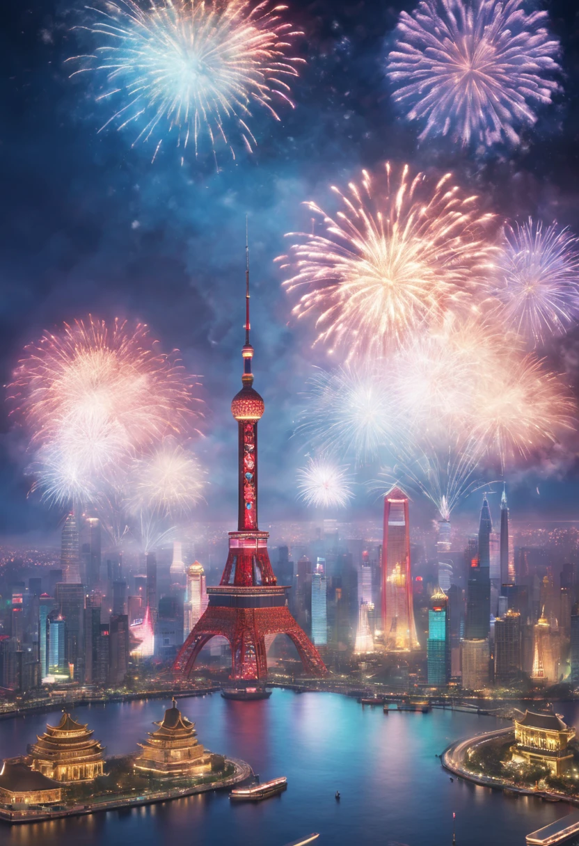 (high resolution,best quality,masterpiece:1.2) Shanghai Grand New Year Fireworks Show on the Stamp, colorful fireworks display, vibrant and dynamic, capturing the energetic atmosphere of the , intricate details of each exploding firework captured perfectly, professional photography, vivid colors, sharp focus, realistic portrayal of the stunning fireworks, illuminating the night sky, showcasing the beauty of the celebration, artistic depiction of the grand , capturing the essence of the festive spirit, expertly composed composition, utilizing studio lighting to accentuate the brilliance of the fireworks, masterful use of bokeh to create a dreamy and enchanting atmosphere, visually stunning display of pyrotechnics, bringing the excitement and joy of the New Year festivities to life.