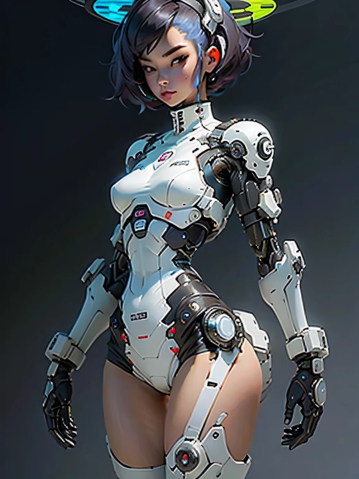 Woman body definition thick thigh cybernetic body parts, short underwear, main color white