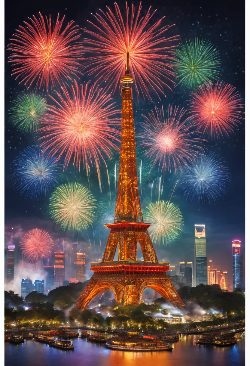 (high resolution,best quality,masterpiece:1.2) Shanghai Grand New Year Fireworks Show on the Stamp, colorful fireworks display, vibrant and dynamic, capturing the energetic atmosphere of the , intricate details of each exploding firework captured perfectly, professional photography, vivid colors, sharp focus, realistic portrayal of the stunning fireworks, illuminating the night sky, showcasing the beauty of the celebration, artistic depiction of the grand , capturing the essence of the festive spirit, expertly composed composition, utilizing studio lighting to accentuate the brilliance of the fireworks, masterful use of bokeh to create a dreamy and enchanting atmosphere, visually stunning display of pyrotechnics, bringing the excitement and joy of the New Year festivities to life.