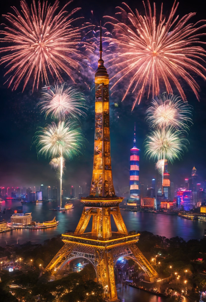 (high resolution,best quality,masterpiece:1.2) Shanghai Grand New Year Fireworks Show on the Stamp, colorful fireworks display, vibrant and dynamic, capturing the energetic atmosphere of the , intricate details of each exploding firework captured perfectly, professional photography, vivid colors, sharp focus, realistic portrayal of the stunning fireworks, illuminating the night sky, showcasing the beauty of the celebration, artistic depiction of the grand , capturing the essence of the festive spirit, expertly composed composition, utilizing studio lighting to accentuate the brilliance of the fireworks, masterful use of bokeh to create a dreamy and enchanting atmosphere, visually stunning display of pyrotechnics, bringing the excitement and joy of the New Year festivities to life.