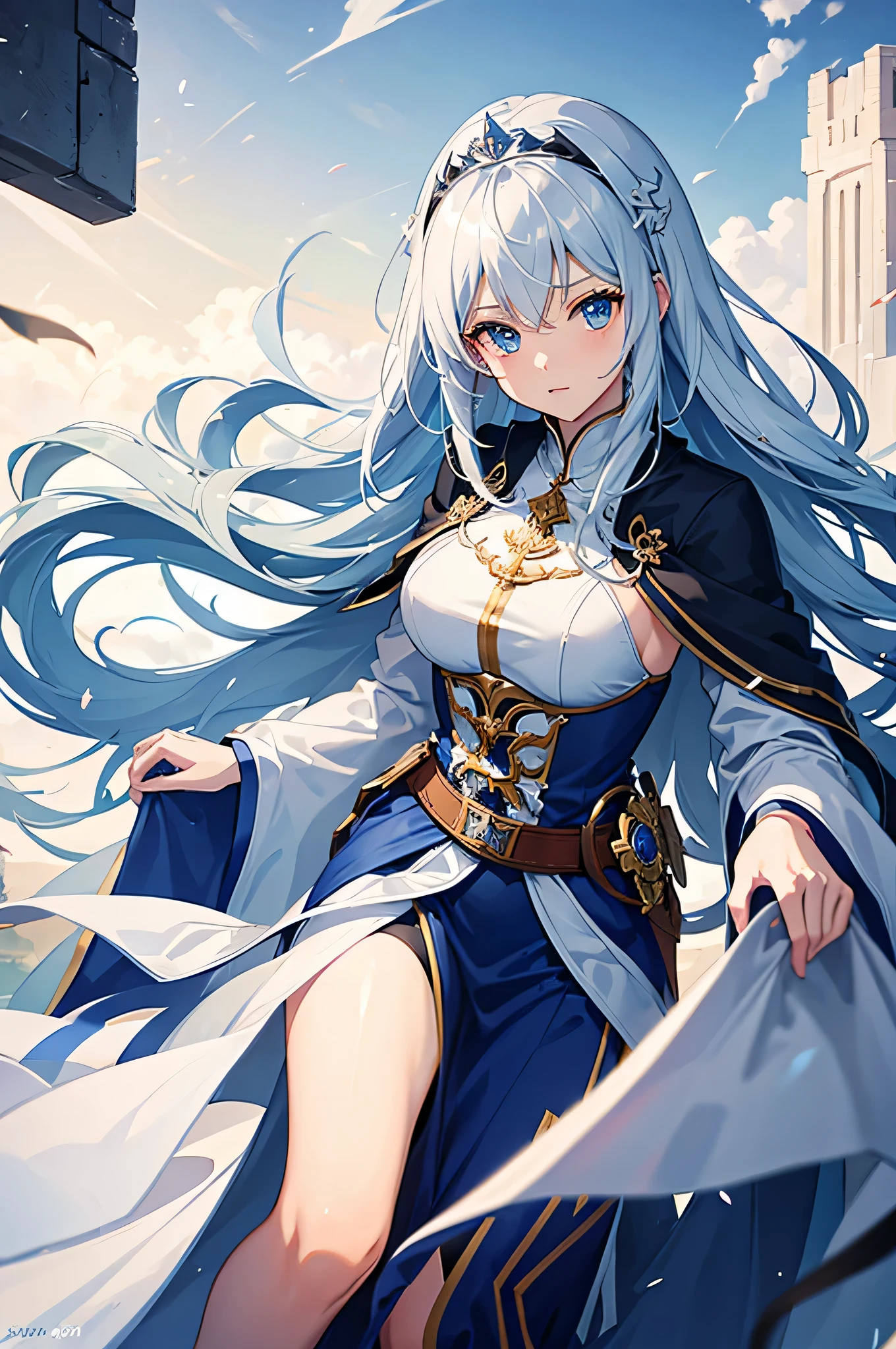 4K,hight resolution,One Woman,white-blue hair,Longhaire,Blue eyes,Knights,氷で出来たKnightsの鎧,Princess tiara,Crystal Sword,Land of Ice