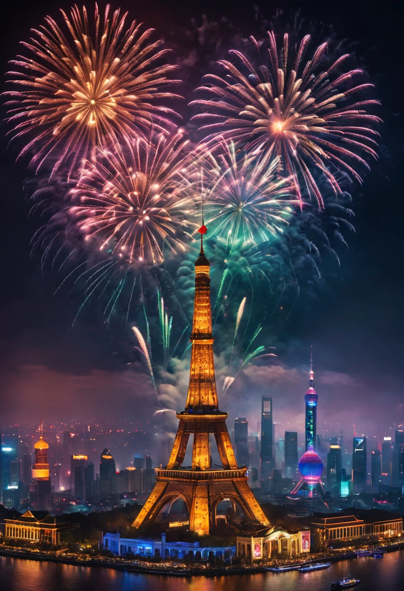 (high resolution,best quality,masterpiece:1.2) Shanghai Grand New Year Fireworks Show on the Stamp, colorful fireworks display, vibrant and dynamic, capturing the energetic atmosphere of the , intricate details of each exploding firework captured perfectly, professional photography, vivid colors, sharp focus, realistic portrayal of the stunning fireworks, illuminating the night sky, showcasing the beauty of the celebration, artistic depiction of the grand , capturing the essence of the festive spirit, expertly composed composition, utilizing studio lighting to accentuate the brilliance of the fireworks, masterful use of bokeh to create a dreamy and enchanting atmosphere, visually stunning display of pyrotechnics, bringing the excitement and joy of the New Year festivities to life.