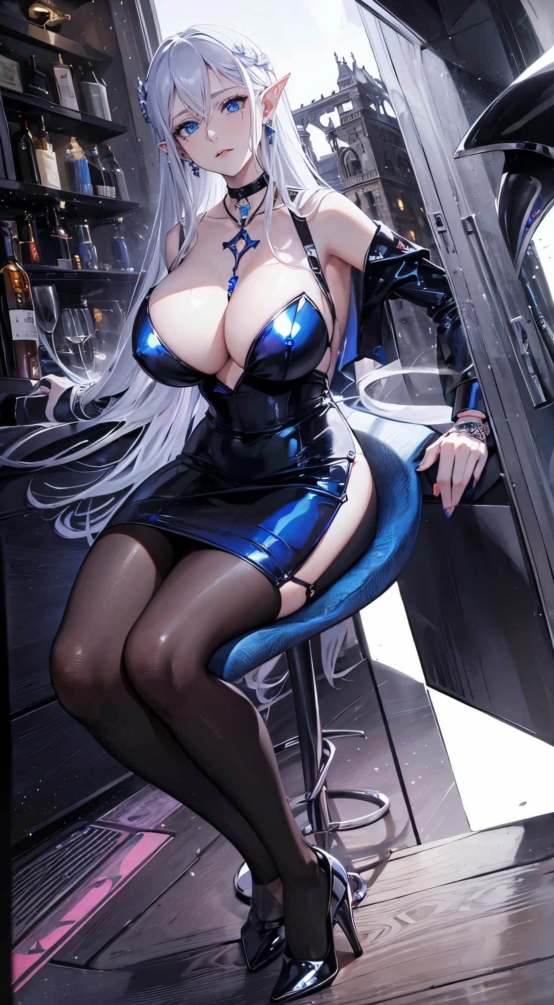 Body is extremely normal,close up,The world of dreams,Elf mature beauty, sliver long hair,tear-mole,精灵长耳ear studs,(ear studs),choker necklace,a pair of bracelets,Black strappy hip skirt,humanoid creature, paris bar background, Her skin is very white, White complexion,blue colored eyes,Long layers of silver hair, two longer legs,high-heels,Black stocking legs,nail art,tattoo is,Raise the goblet in your hand