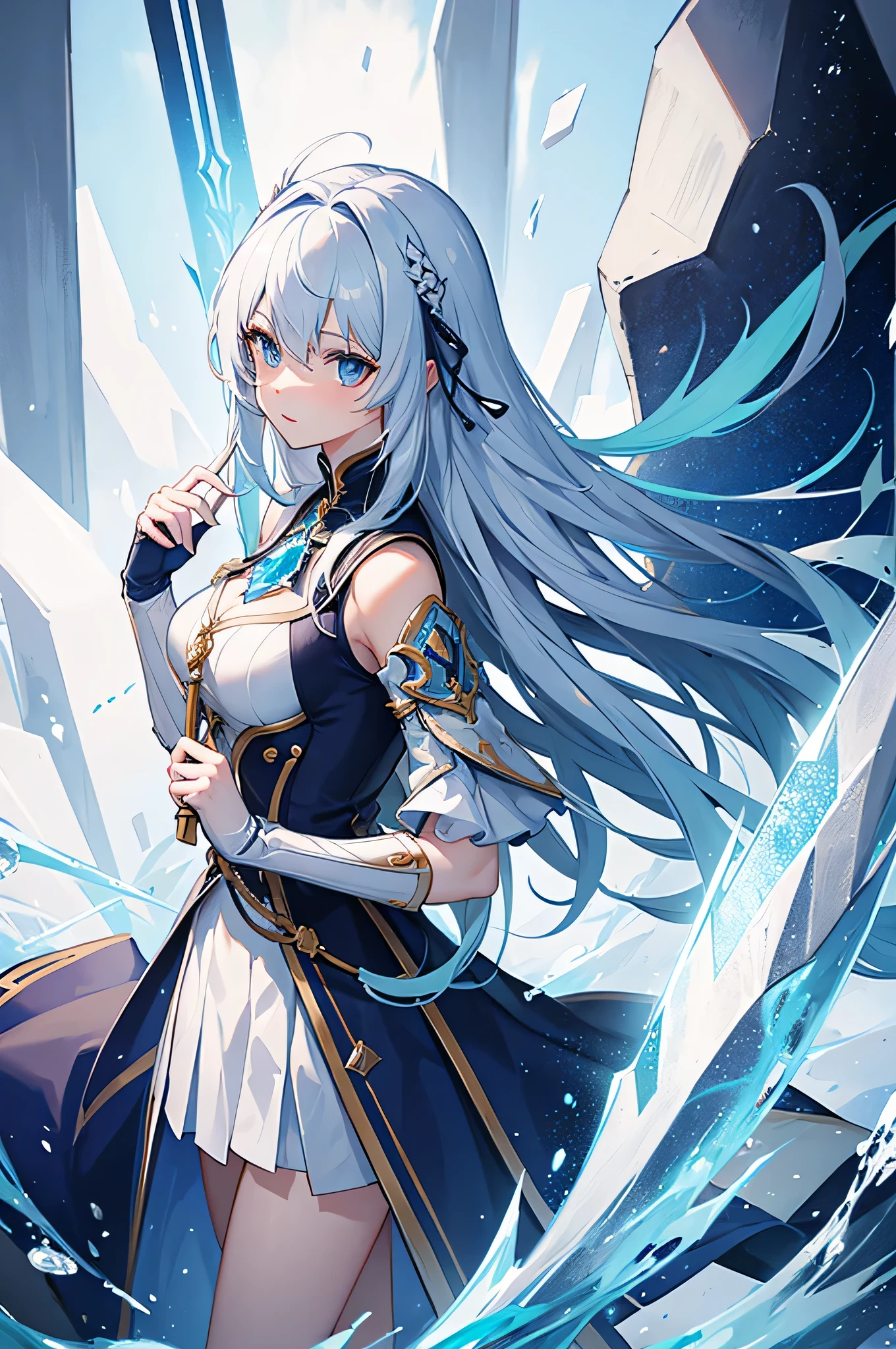 4K,hight resolution,One Woman,white-blue hair,Longhaire,Blue eyes,Knights,氷で出来たKnightsの鎧,Crystal Sword,Land of Ice