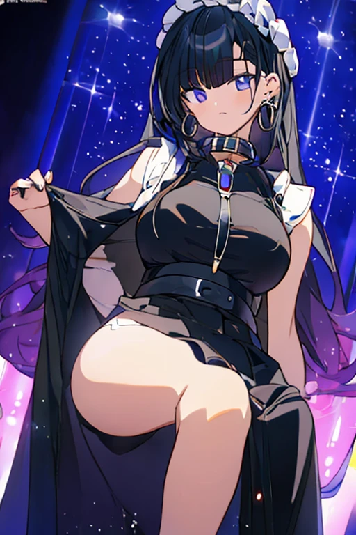 Anime black hair galaxy entity, she is dressed with an elegant black gown and wears a collar with a magic circle in it. She has long hair, she looks divine, huge ass, masterpiece, HD, Highres, Dirty socks. Foot focus