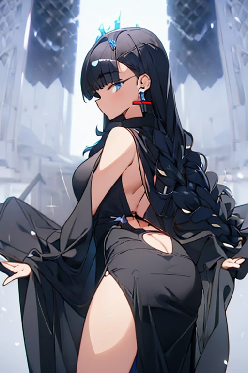 Anime black hair galaxy entity, she is dressed with an elegant black gown and wears a collar with a magic circle in it. She has long hair, she looks divine, huge ass, masterpiece, HD, Highres, Dirty socks. Foot focus