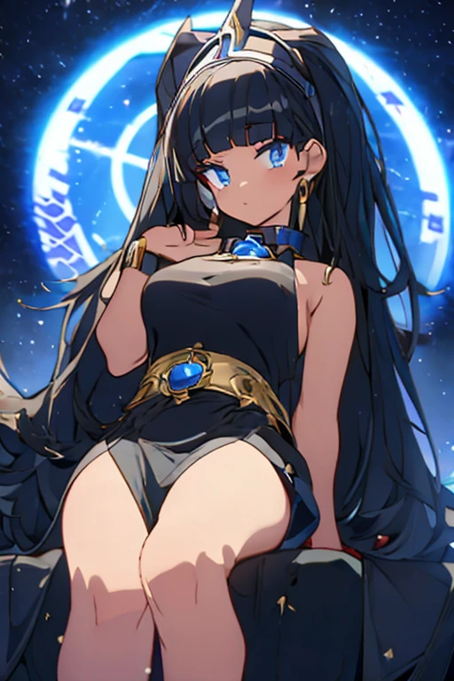 Anime black hair galaxy entity, she is dressed with an elegant black gown and wears a collar with a magic circle in it. She has long hair, she looks divine, huge ass, masterpiece, HD, Highres, Dirty socks. Foot focus