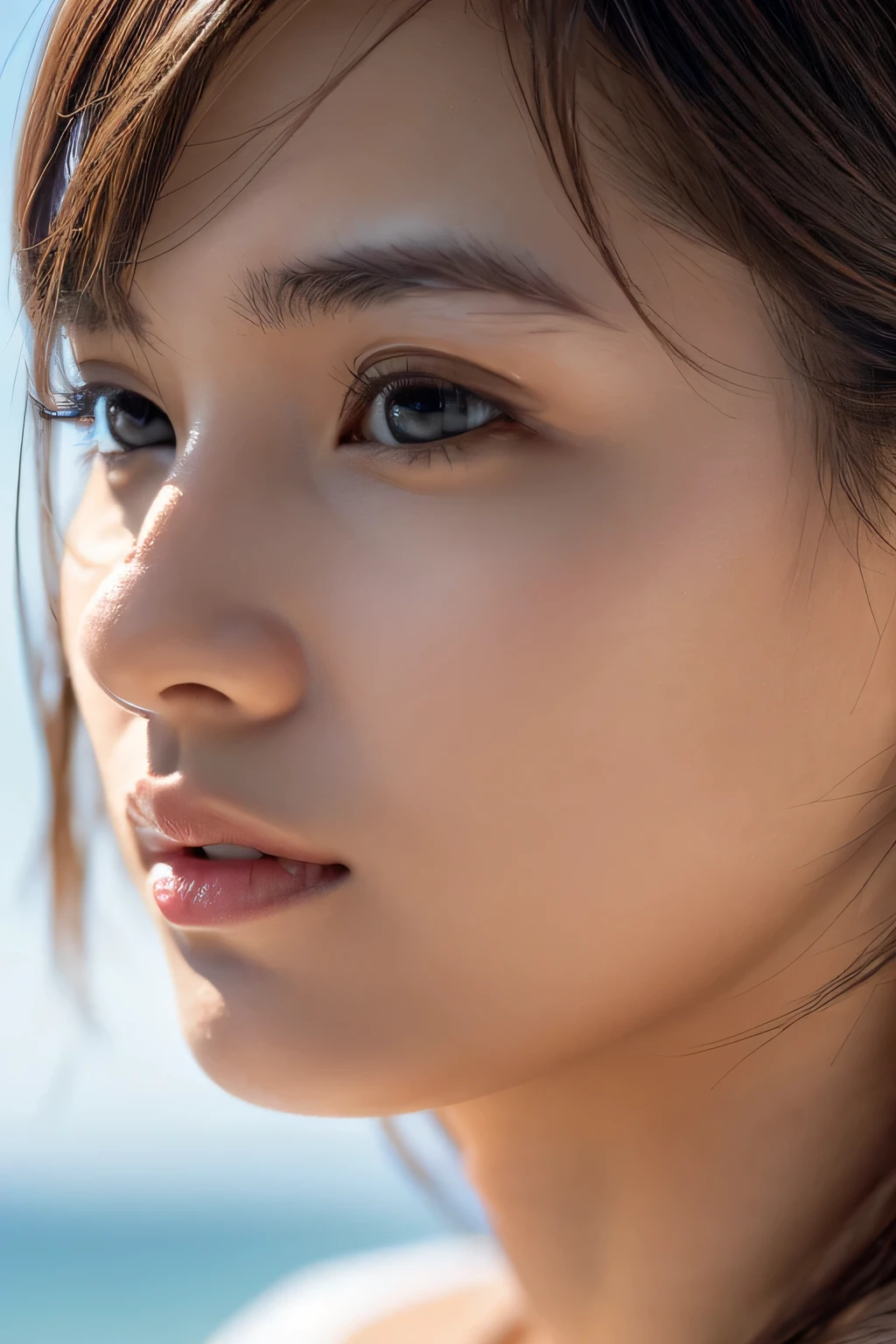 (ighly detailedで高品質なイラストの照明と影の効果, Ultra-realistic), Beach, Young woman with wheat skin color and short bright white hair, Looking at the sea with a pensive expression,muscle, full resolution、foco nítido、RAW Portrait、Photorealsitic、Raw foto、hyperdetailed photo、(natural skin textures、Detailed skin、Hyper-Realism、ultra sharpness)、high-detail skin、(ighly detailed、Detailed skinの質感、intricate detailes、Lighting on the right side of the depth of field、(Lighting from below)、美丽的面容、(Lifelike face)、realisticeyes、美しいA detailed eye、real looking skin、Beautiful skins、A hyper-realistic、ighly detailed、the golden ratio、most beautiful image in the world, fantastic location、(电影灯光)、Detail Enhancement, beautiful lighting、foco nítido、Poses variadas、超A detailed face、A detailed eye、more hair、brown haired、length hair、Beautiful hairstyle、A detailed face、Breast exposure、cleavage of the breast、()、((facial close-up))、unbelievable Ridiculous
