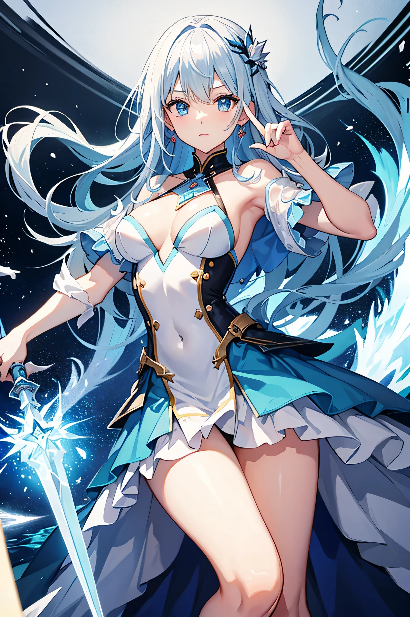 4K,hight resolution,One Woman,white-blue hair,Longhaire,Blue eyes,Knights,氷で出来たKnightsの鎧,Crystal Sword,Land of Ice