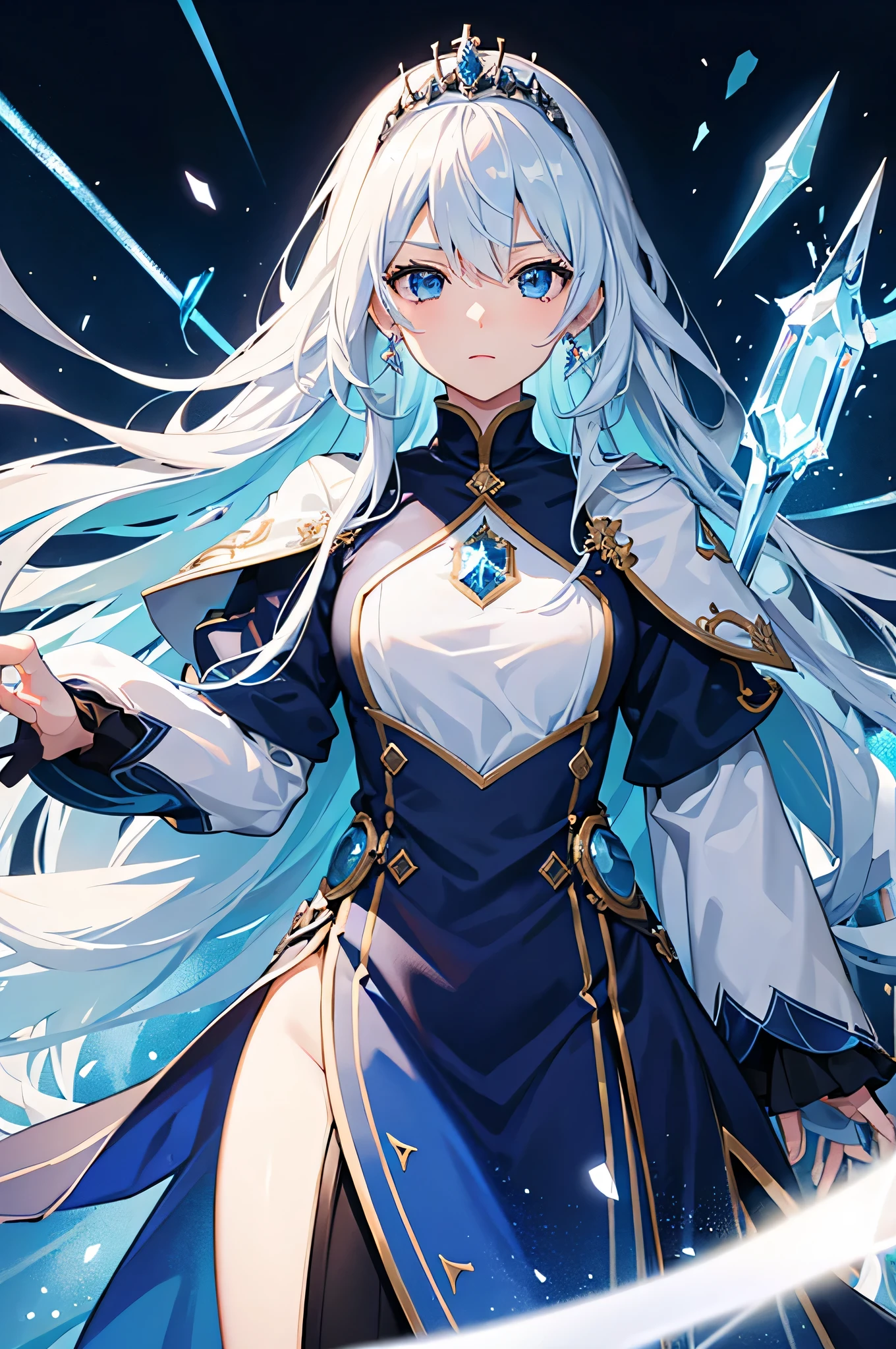 4K,hight resolution,One Woman,white-blue hair,Longhaire,Blue eyes,Knights,氷で出来たKnightsの鎧,Princess tiara,Crystal Sword,Land of Ice