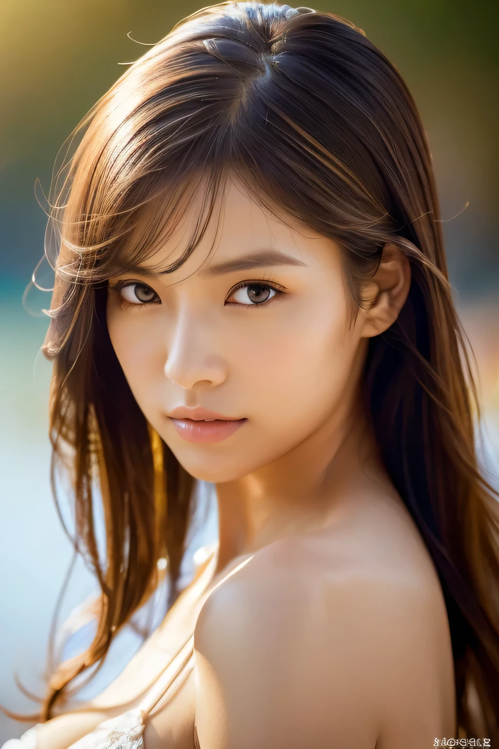 (ighly detailedで高品質なイラストの照明と影の効果, Ultra-realistic), Beach, Young woman with wheat skin color and short bright white hair, Looking at the sea with a pensive expression,muscle, full resolution、foco nítido、RAW Portrait、Photorealsitic、Raw foto、hyperdetailed photo、(natural skin textures、Detailed skin、Hyper-Realism、ultra sharpness)、high-detail skin、(ighly detailed、Detailed skinの質感、intricate detailes、Lighting on the right side of the depth of field、（Lighting from below）、美丽的面容、(Lifelike face)、realisticeyes、美しいA detailed eye、real looking skin、Beautiful skins、A hyper-realistic、ighly detailed、the golden ratio、most beautiful image in the world, fantastic location、(电影灯光)、Detail Enhancement, beautiful  lighting、foco nítido、Poses variadas、超A detailed face、A detailed eye、more hair、brown haired、length hair、Beautiful hairstyle、A detailed face、Breast exposure、cleavage of the breast、()、((facial close-up))、unbelievable Ridiculous