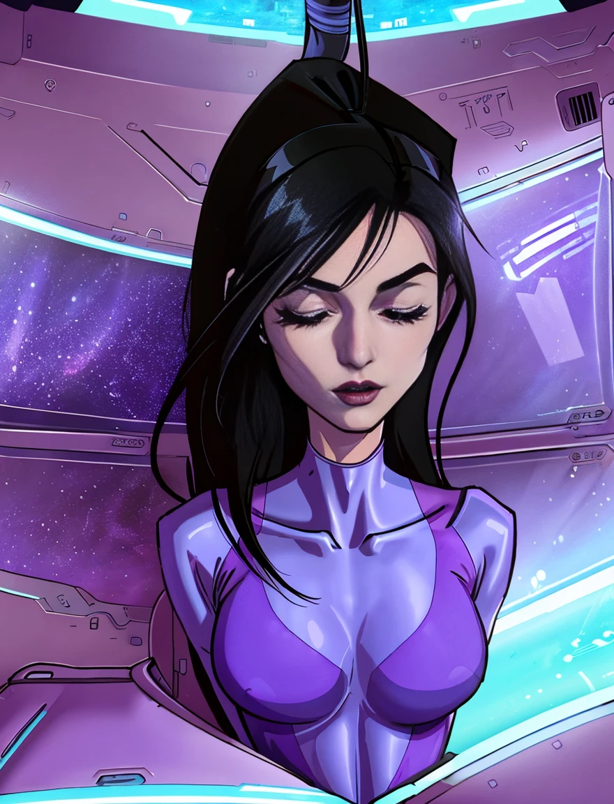 2d anorexic cartoon woman, she has a long neck, she has long black hair.mature. she wears a purple v-neck skin tight body suit. She  inside a stasis pod capsule in space. She  asleep with her eyes closed